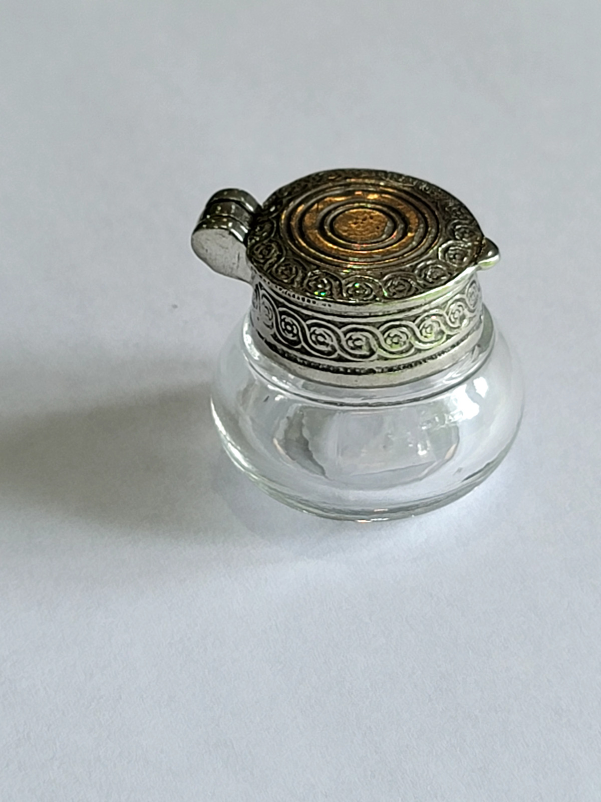 Vintage Glass Inkwell with Pewter Hinged Lid