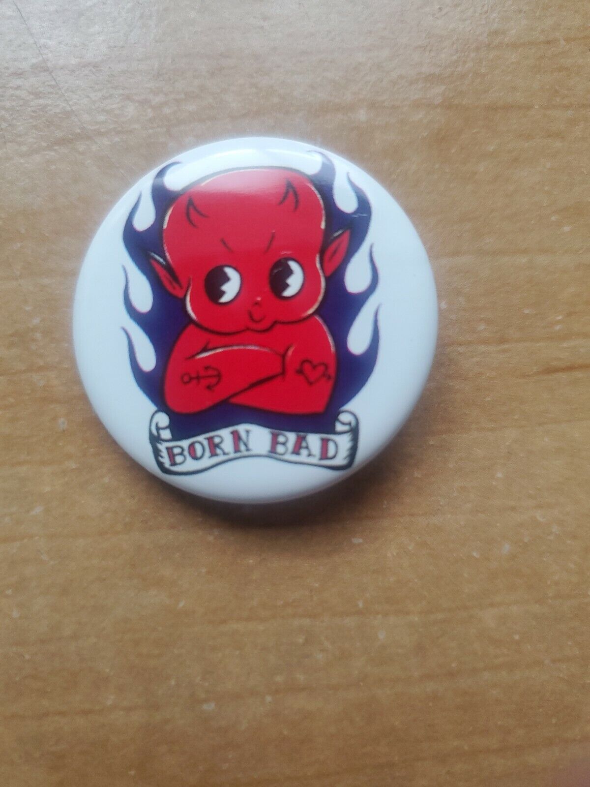 Born Bad Baby Devil doll with flames Button Pin by Archaic Smile artwork art