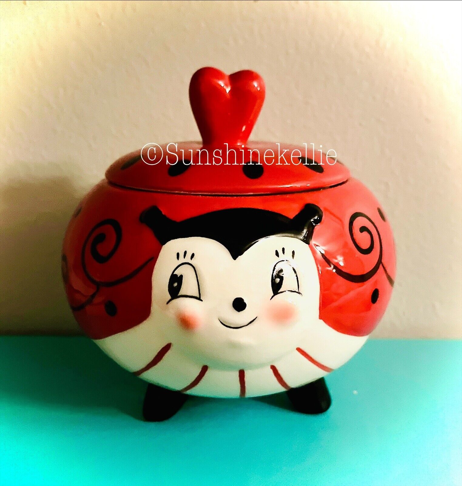 New Johanna Parker Small 5” Heart Ladybug Ceramic Canister Sugar Bowl VHTF