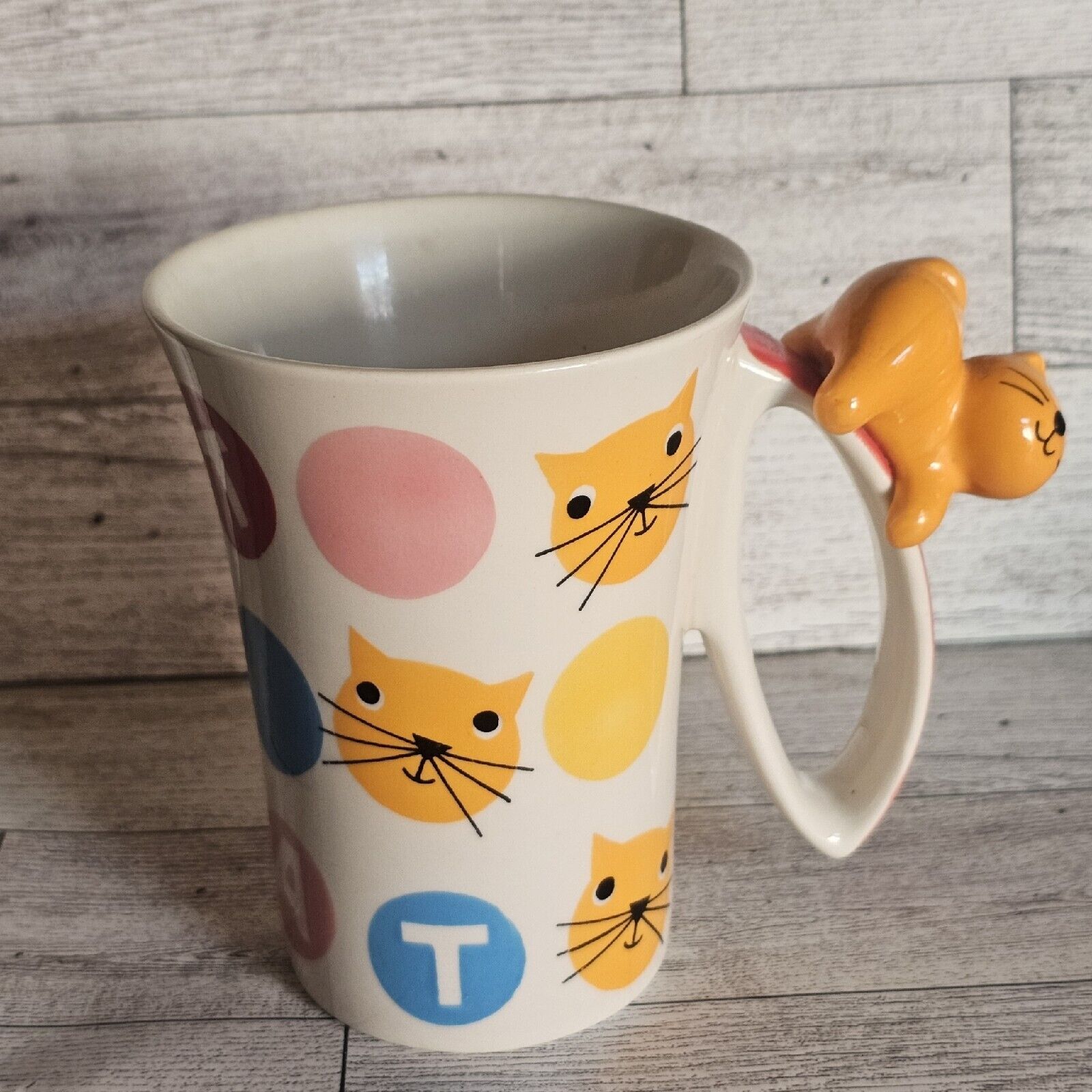 Indra Cat Hand Painted Mug Kitty on Handle 3D Colorful Polka Dots Garfield Cat
