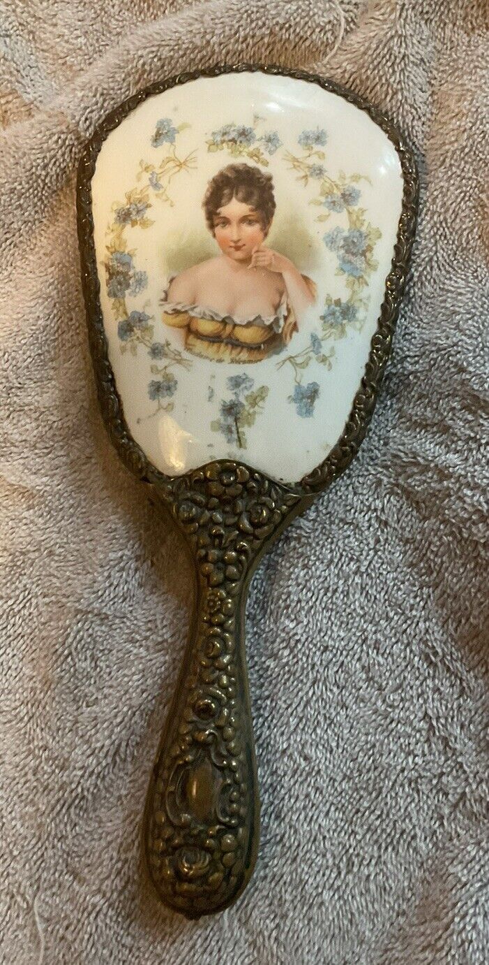 Fabulous Antique Victorian Lady Florals  Hand Mirror Porcelain Brass