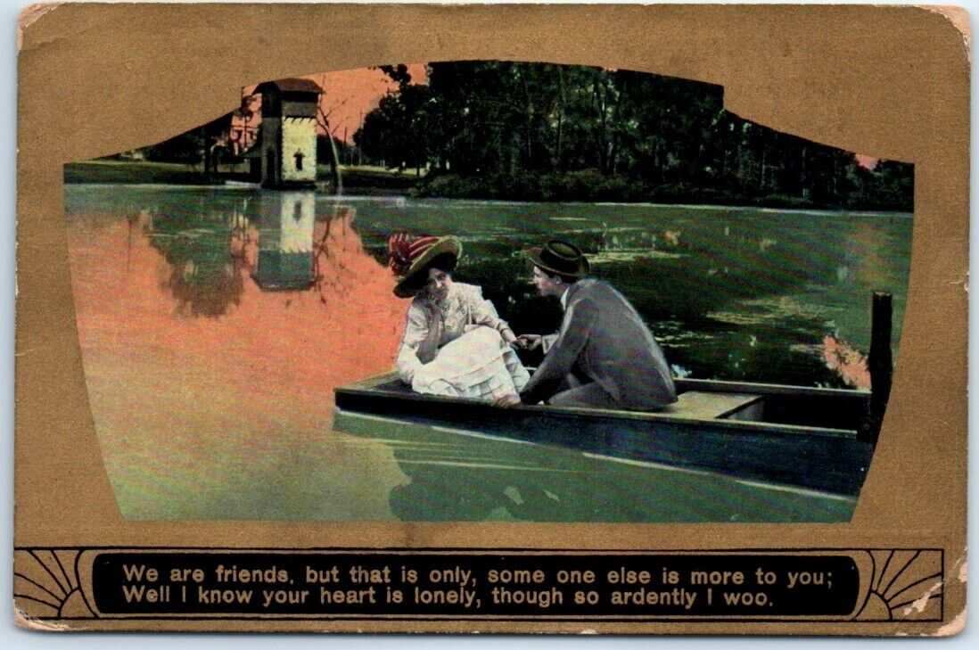 Postcard - Love/Romance Greeting Card w/ Poem and Lovers Boat Lake Scene Picture