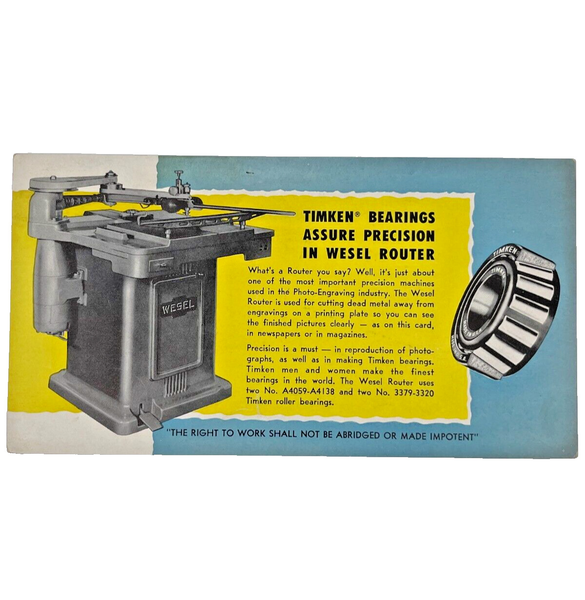 Vintage Ephemera c.1940s Ad Timken Roller Bearing Co. Ohio Wesel Router Photo-A6