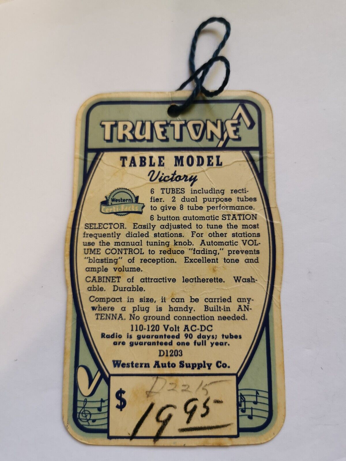 Truetone Tube Radio, Victory Model Store Tag Label
