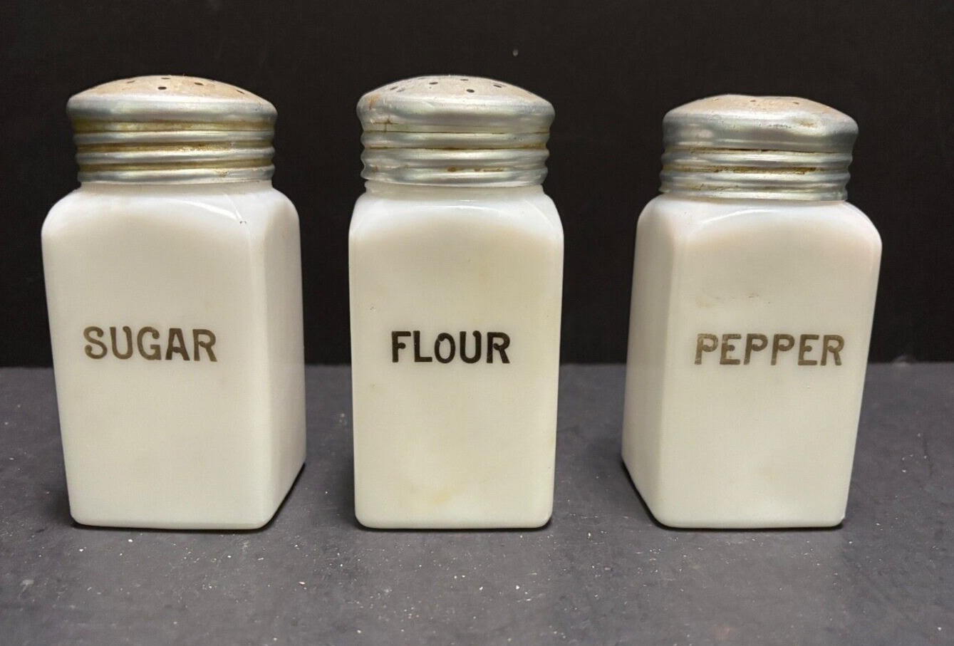 3 McKee Shakers Vintage White Milk Glass 1950\'s Sugar Pepper Flour Zinc Lids