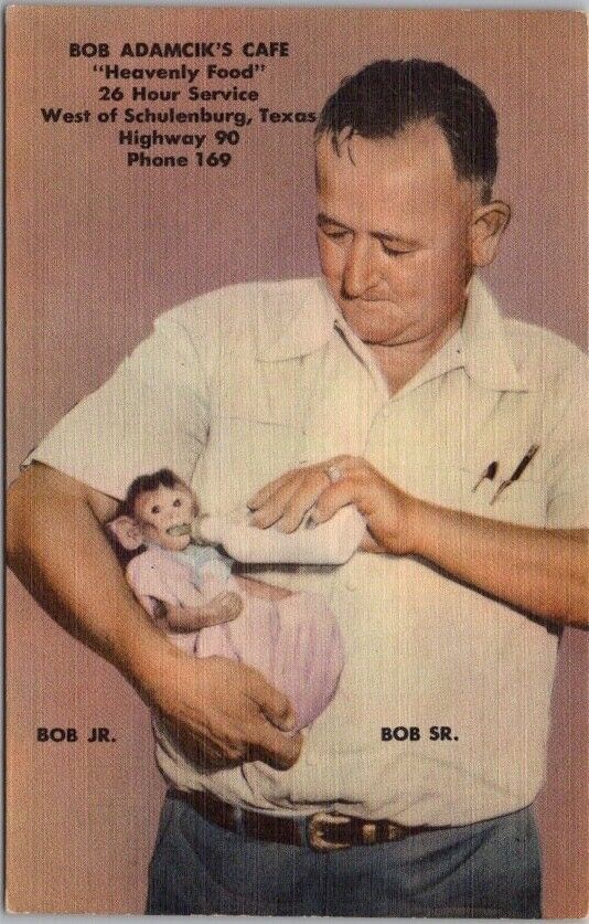 c1940s Schulenburg, Texas Postcard BOB ADAMICK\'S CAFE Bob Sr. w/ Monkey / Linen