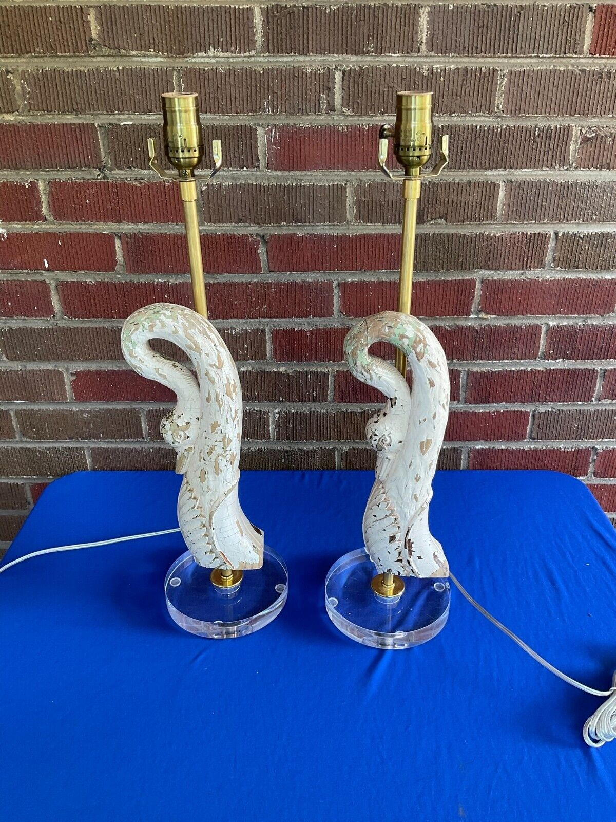 Pair Antique Carved Swan\'s Head Wood Fragment Lamps with Lucite Bases