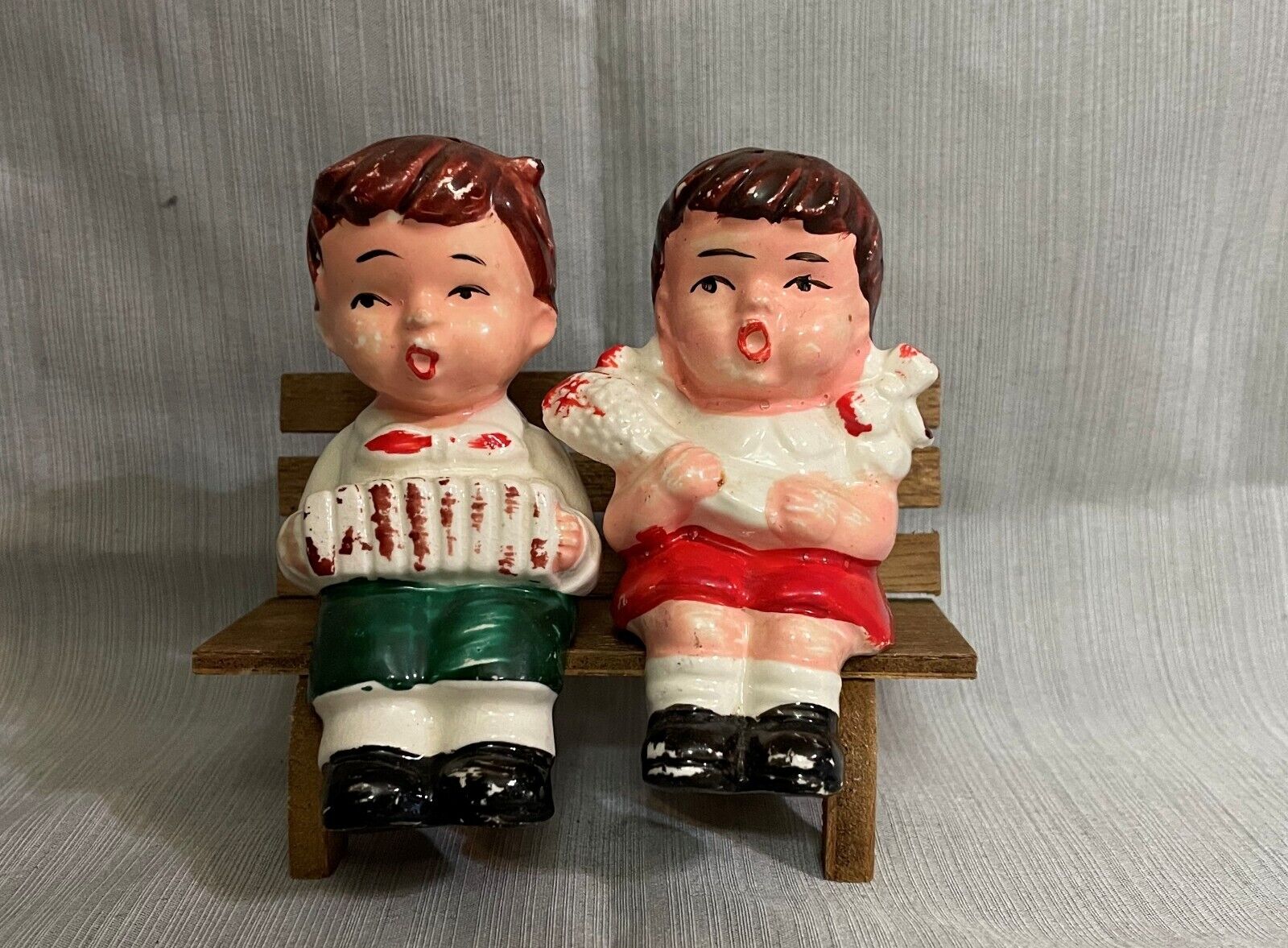 Vintage Salt & Pepper Shakers Boy & Girl Sitting On Bench Japan