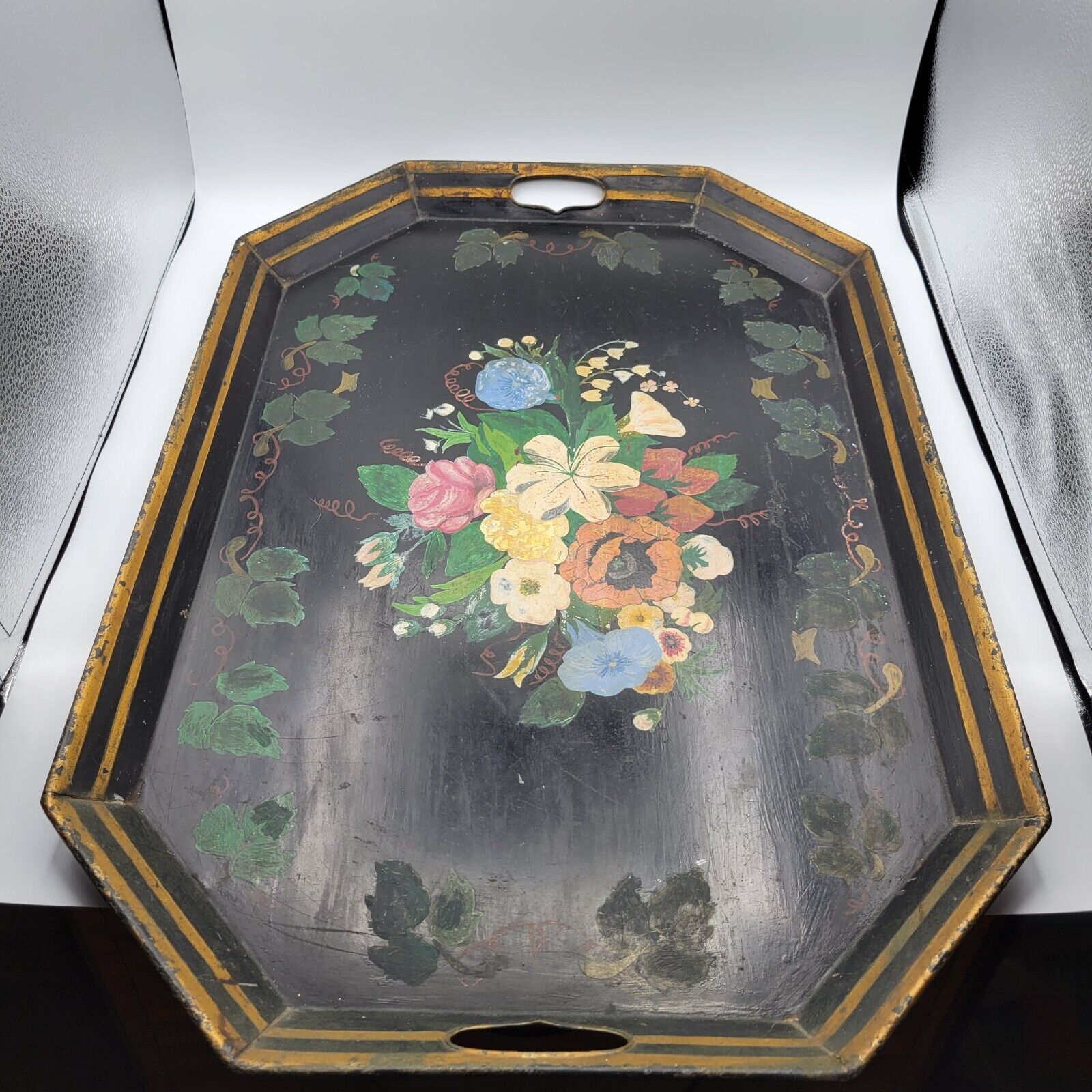 Antique 26x17 Octagonal Toleware Tray Hand painted Floral Design Two Handles