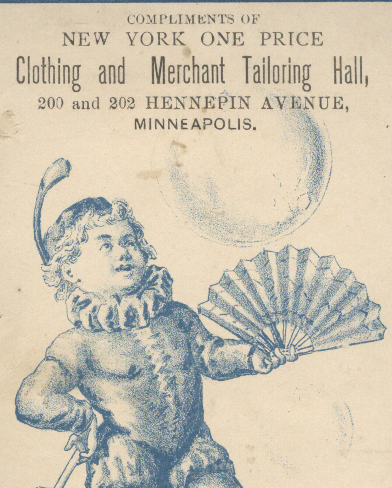 MINNEAPOLIS MN TRADE CARD, NY ONE PRICE CLOTHING & MERCHANT TAILORING HALL  F265