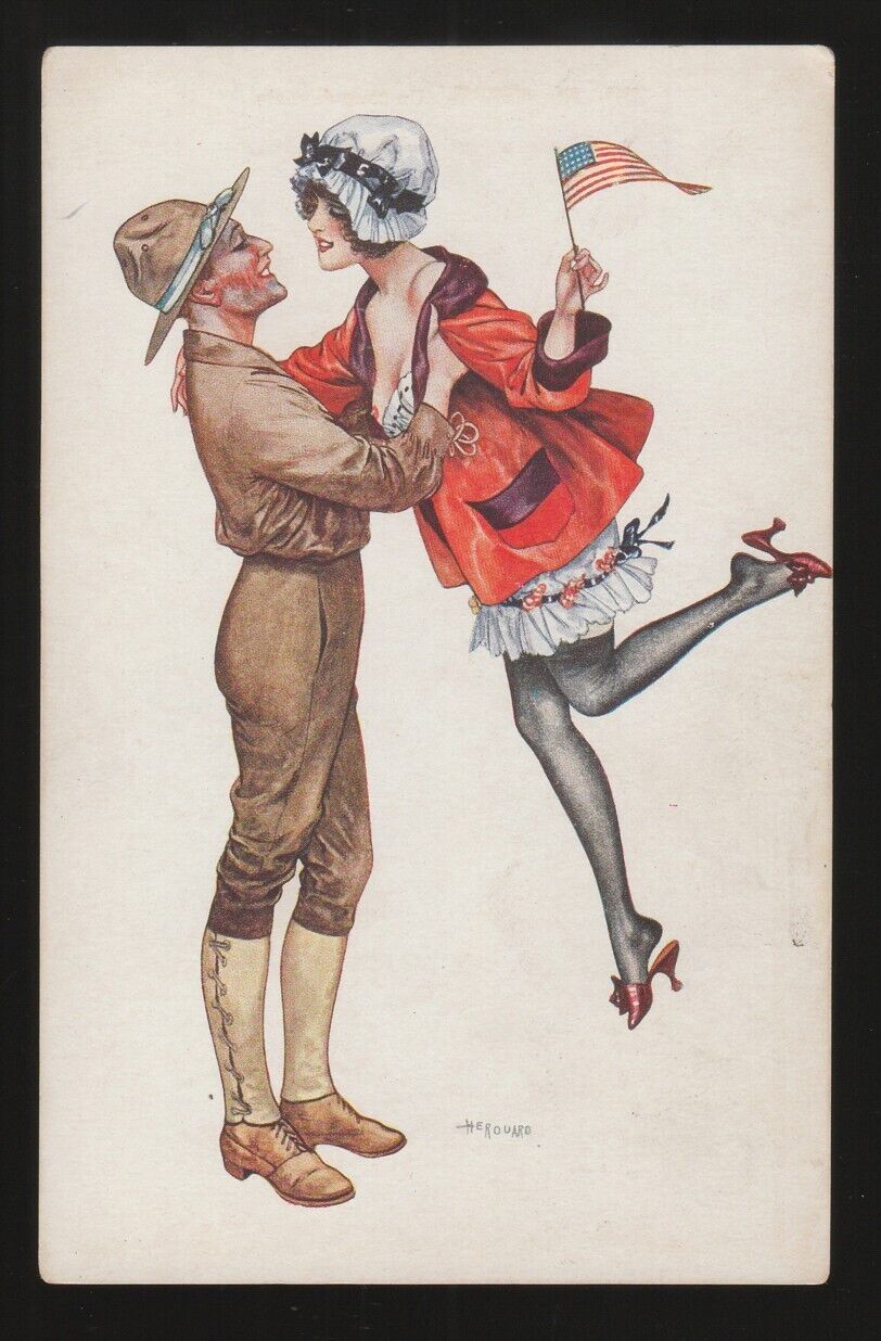 [78752] OLD RISQUE POSTCARD ARTIST SIGN HEROUARD WW1 U.S. SOLDIER LIFTING GIRL
