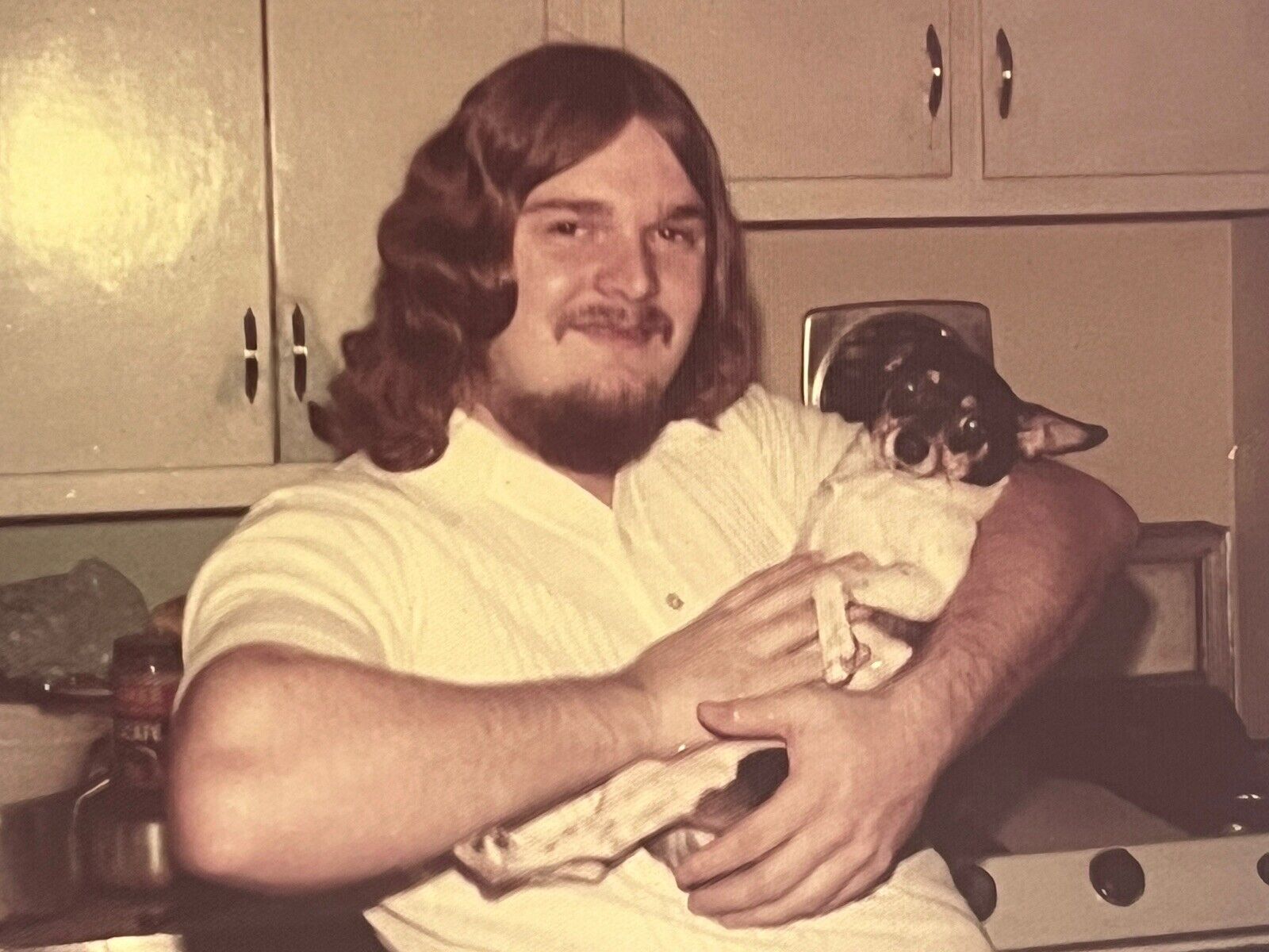Vintage Color Photo Chihuahua Dog Puppy Young Man Long Hair 1970\'s