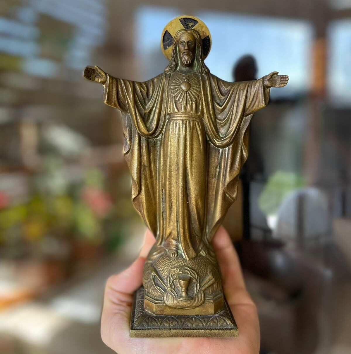Antique Bronze French Spelter patina Christ Jesus statue 8.4\