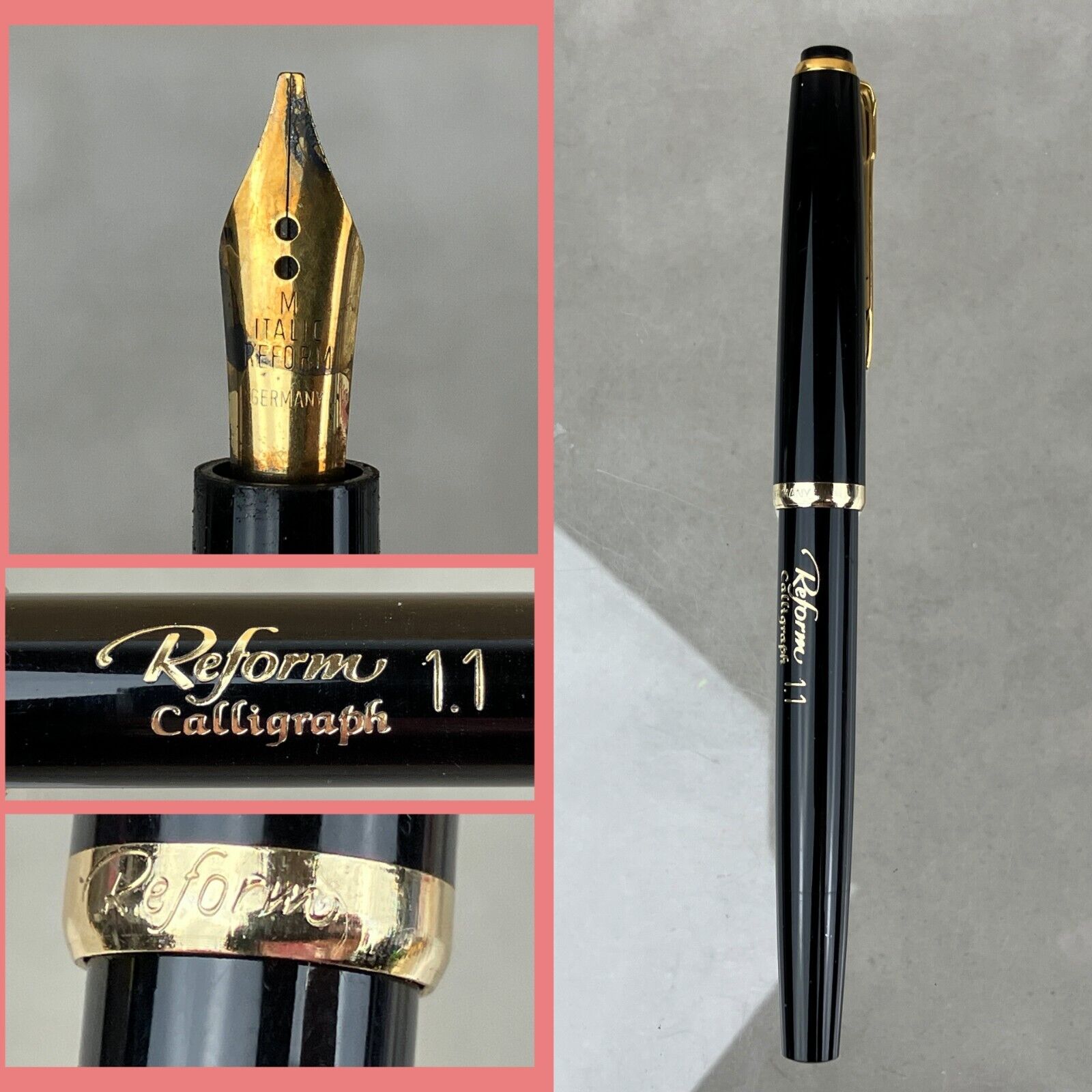 Vintage Reform Calligraph 1.1 Piston Fill Black & Gold Fountain Pen M Italic Nib