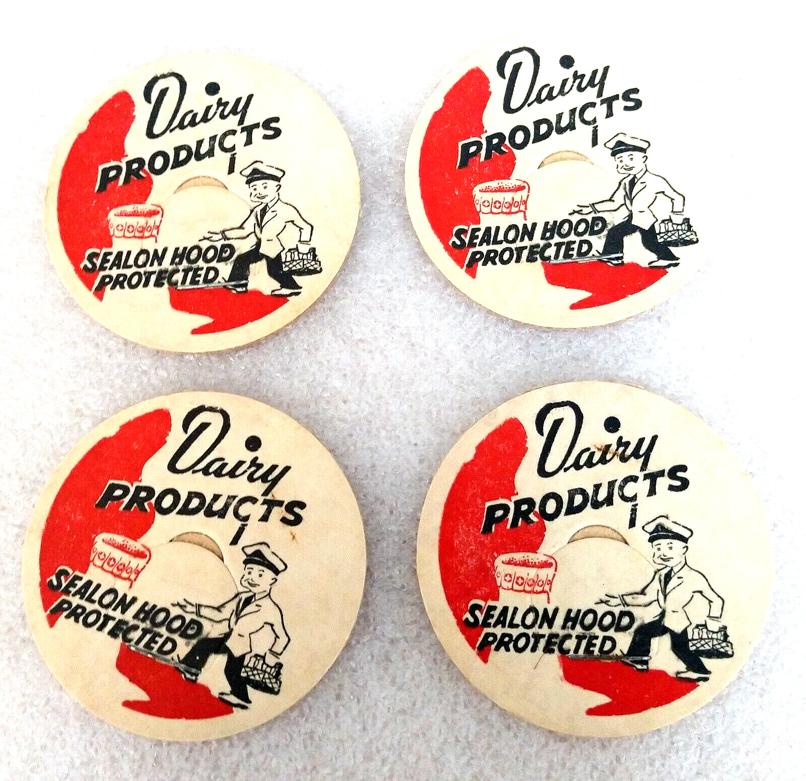 4 Generic Milk Dairy Products Sealon Hood Protected Farm Bottle Cap NOS 1950s