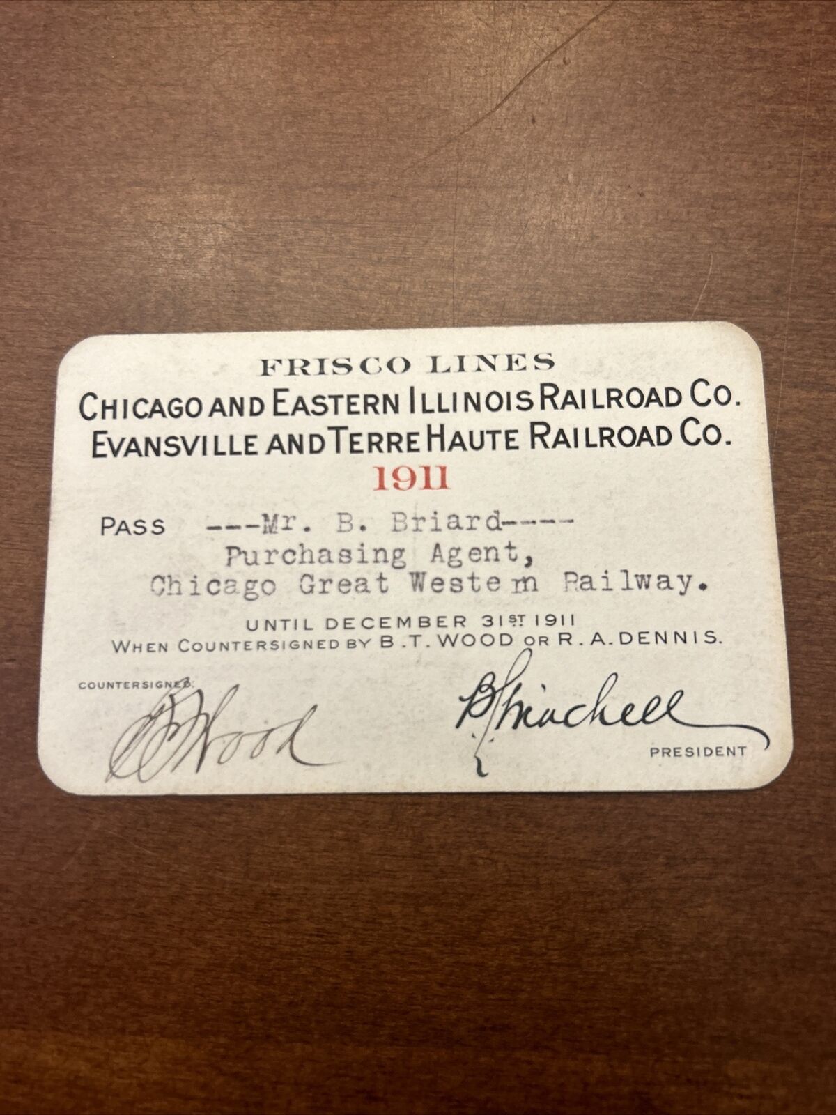 Rare 1911 Chicago & Eastern Illinois  Evansville Terre Haute RR Railroad Pass