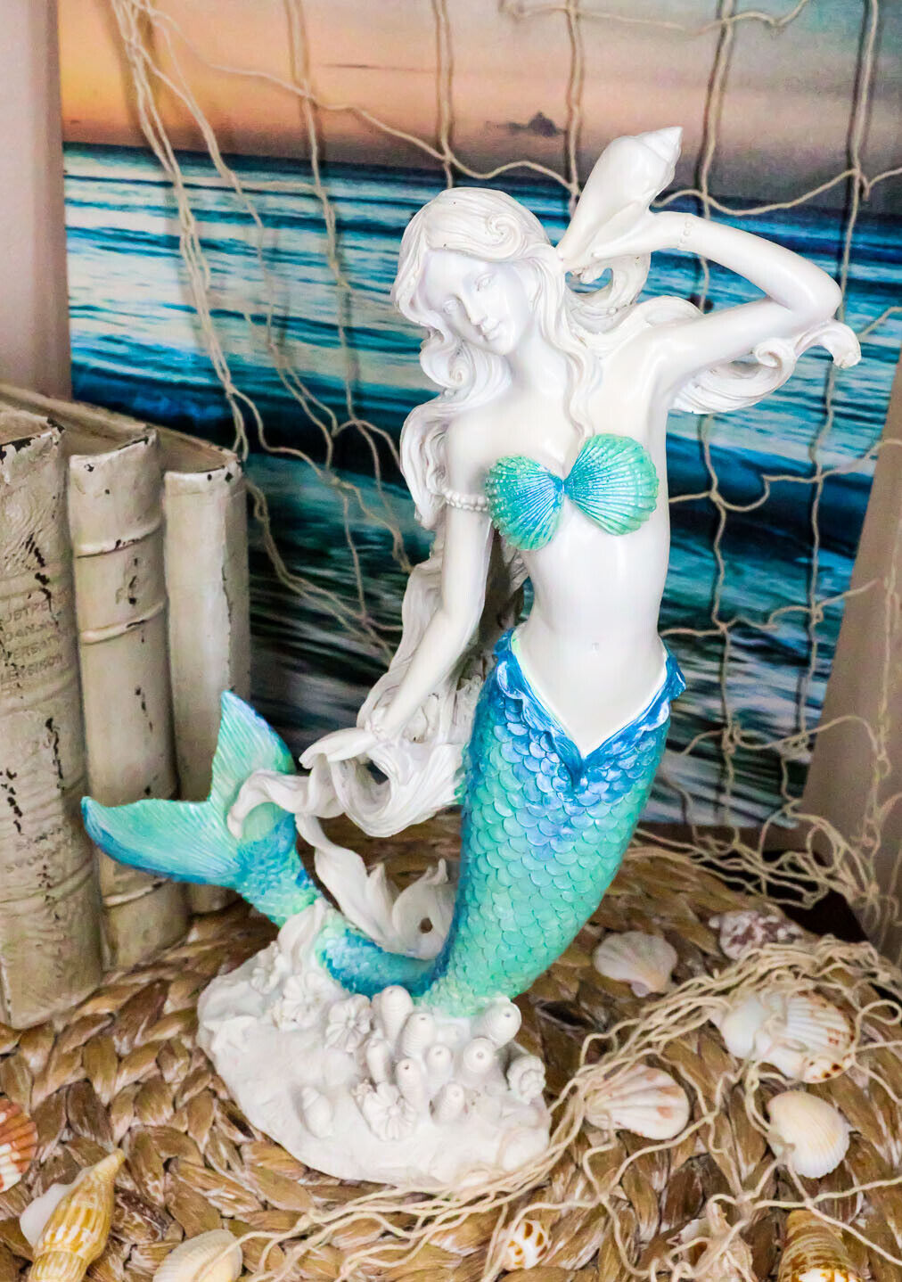 Nautical Capiz Blue Tailed Siren Mermaid Listening To Sea Conch Statue 11.75