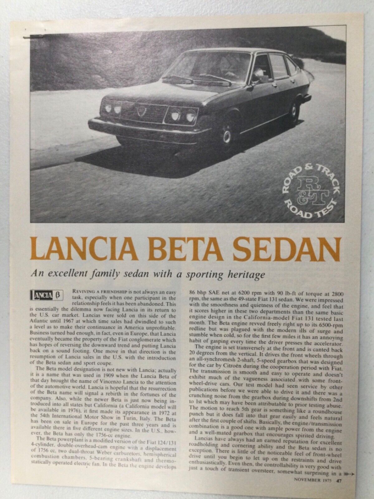 LLLArt72 Vintage Article Road Test 1976 Lancia Beta Sedan Nov 1975 4 page