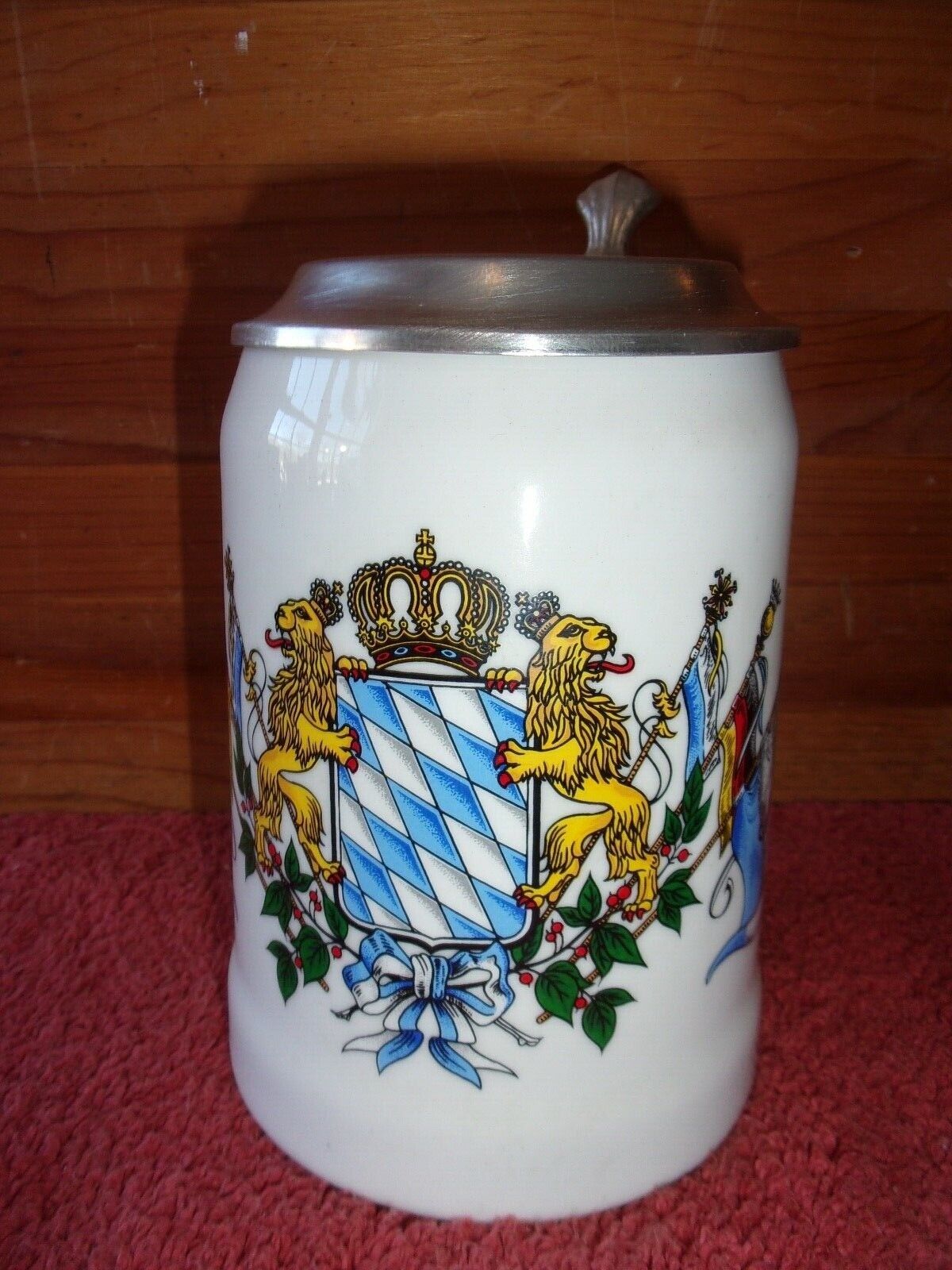 Vintage ALWE Pewter & Porcelain Beer Stein Blue Crest Lions German 95% Zinn 