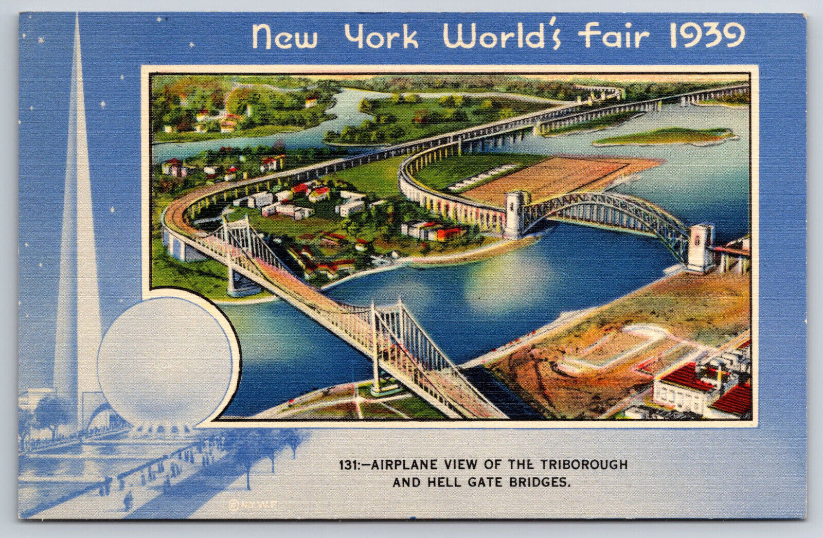 A754 Vtg Postcard 1939 New York World\'s Fair Ariel View Hell Gate Bridges Scene