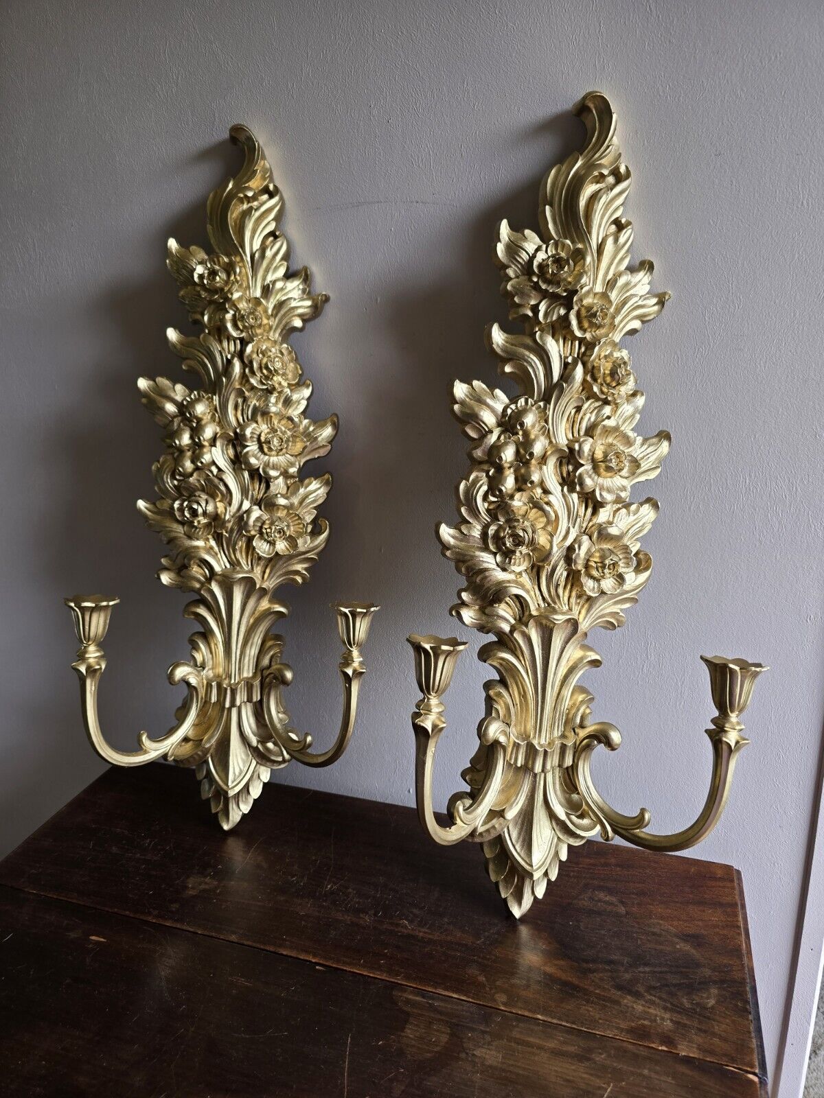 Set Of 2 VTG Syroco Gold Floral 2 Arm Wall Hanging Candle Sconces Wall Art Decor