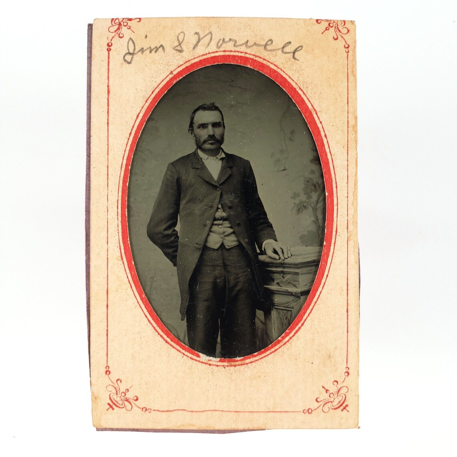 Named Man Holding Pedestal Tintype c1870 Jim Norwell ID'd 1/9 Plate Photo A3843