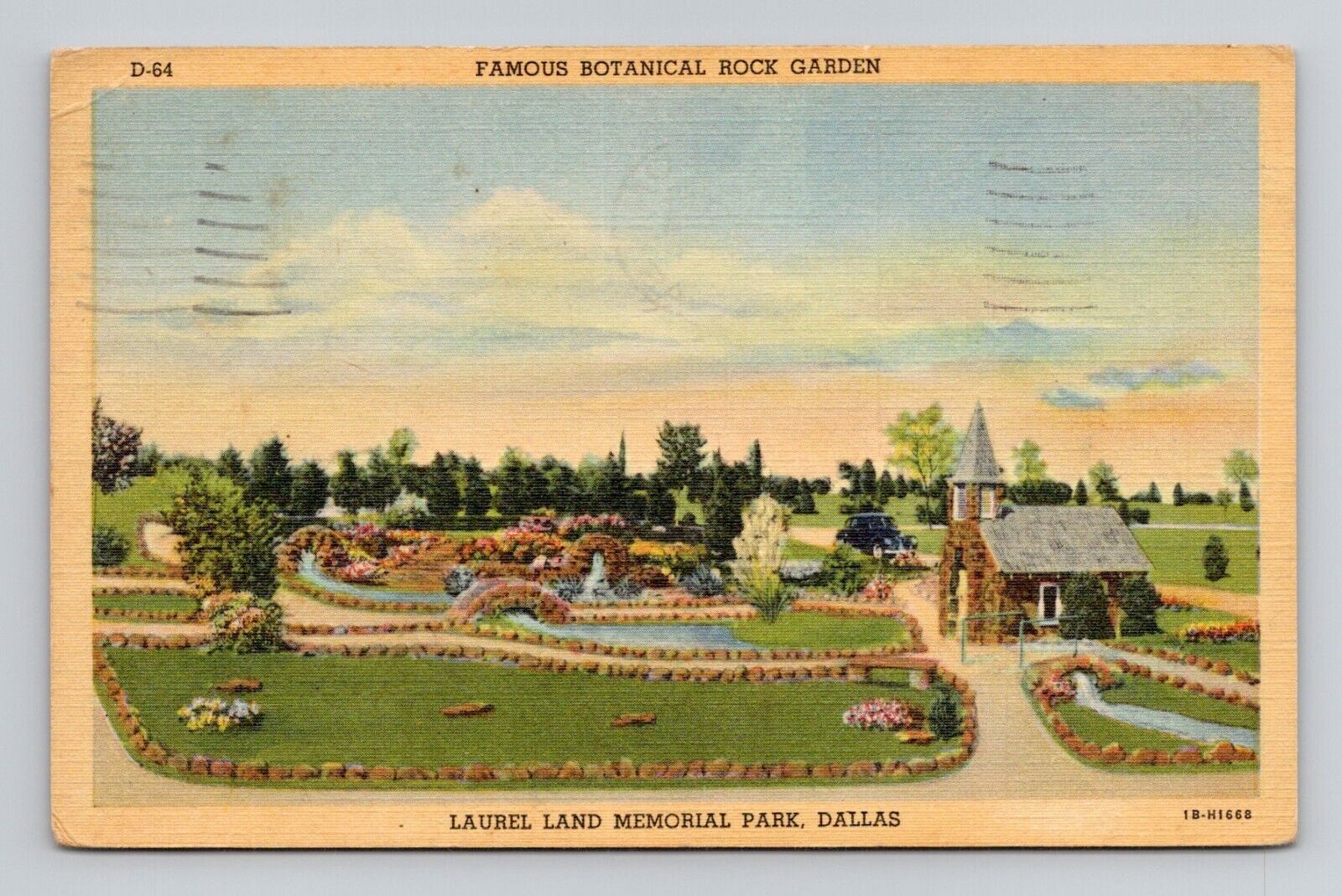 Postcard Laurel Land Memorial Park Dallas Texas Rock Garden, Vintage Linen M14