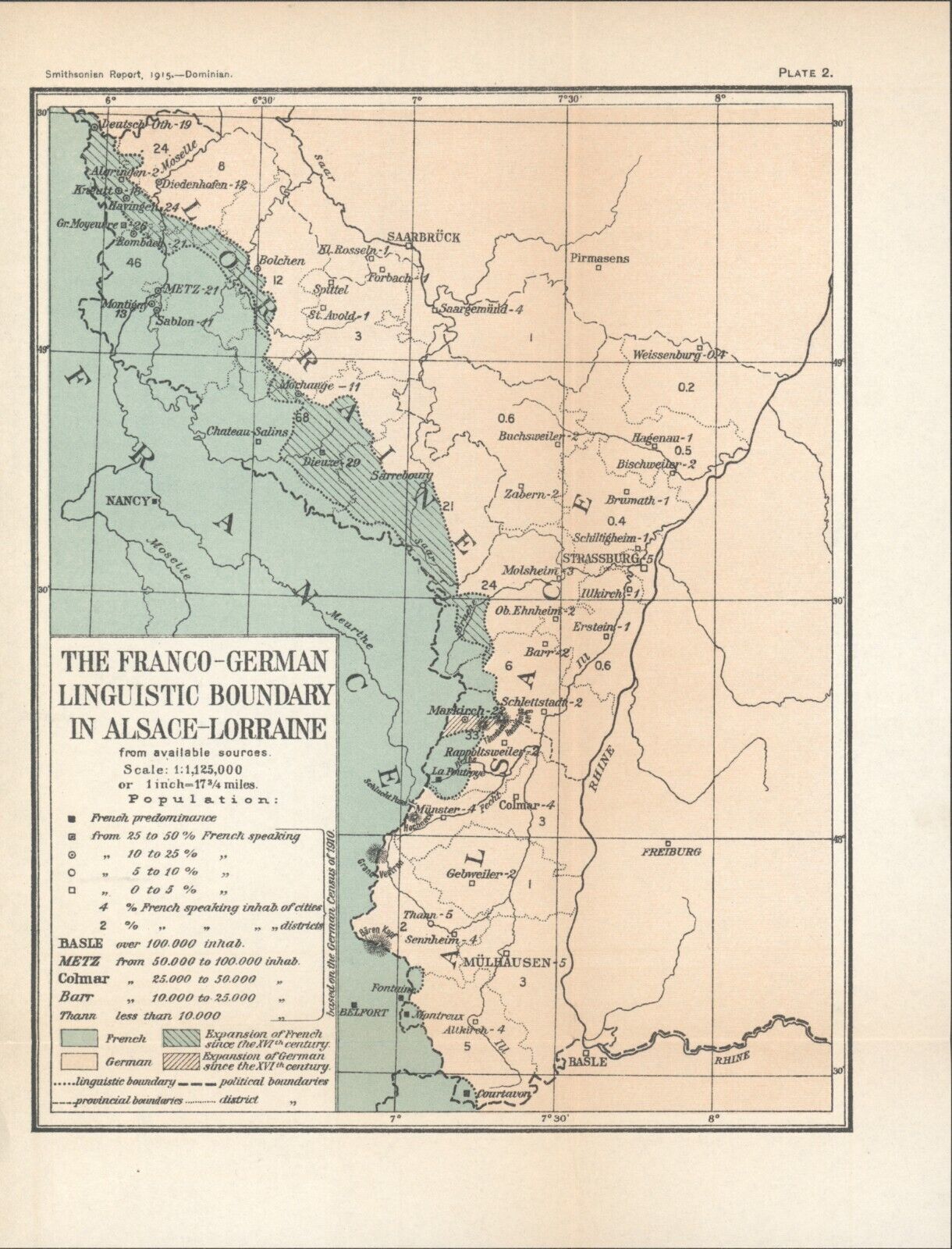 1915 Antique Map * Franco German Linguistic Boundary in Alsace Lorraine