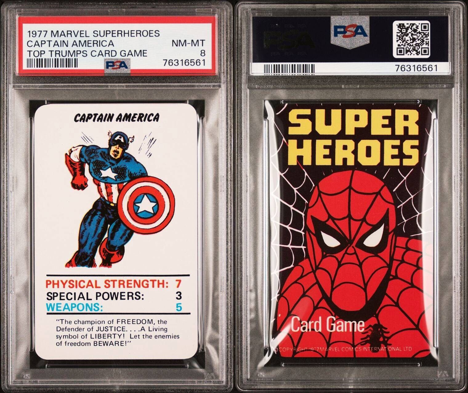 1977 MARVEL SUPERHEROES CAPTAIN AMERICA TOP TRUMPS CARD GAME PSA 8 NM-MINT POP 4