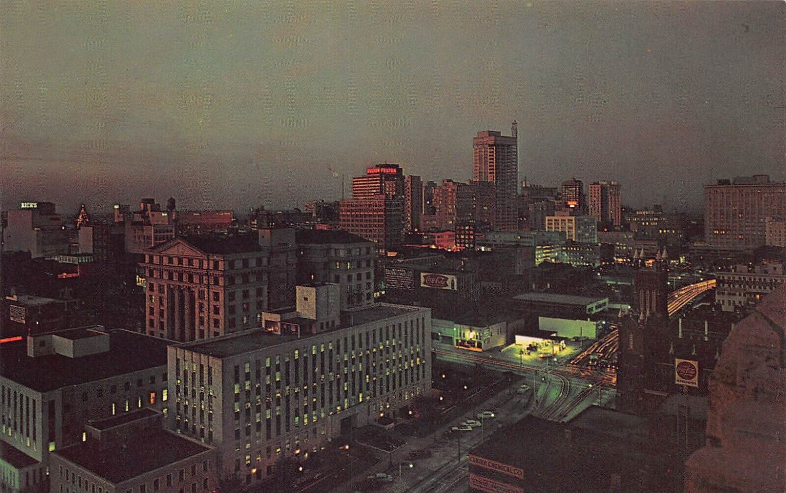 Atlanta GA Georgia 1950s Downtown Skyline Twilight Coca Cola Ad Vtg Postcard O3