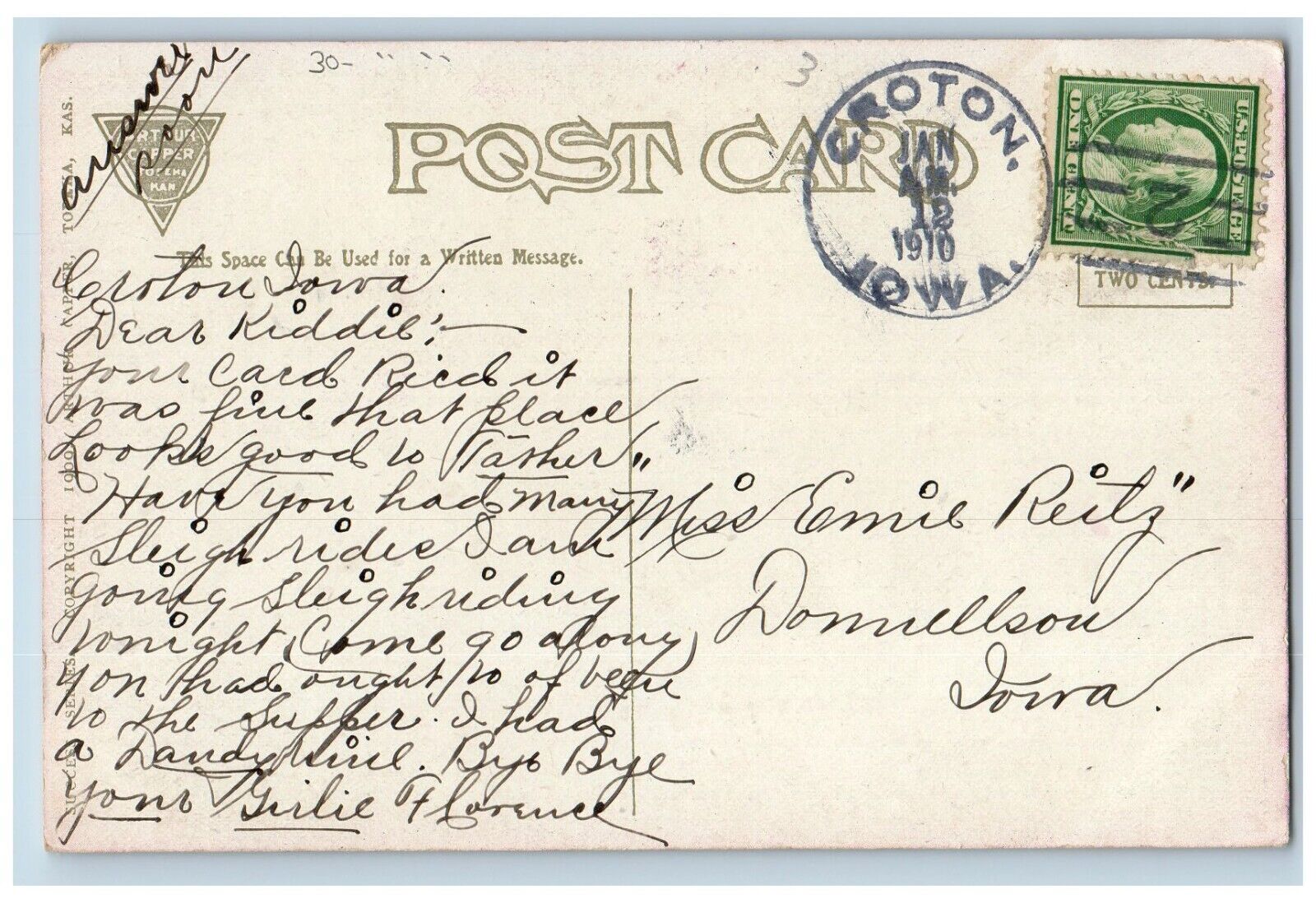 DPO 1852 1925 Croton Iowa IA Postcard Success Failure Windmill Flowers Winter