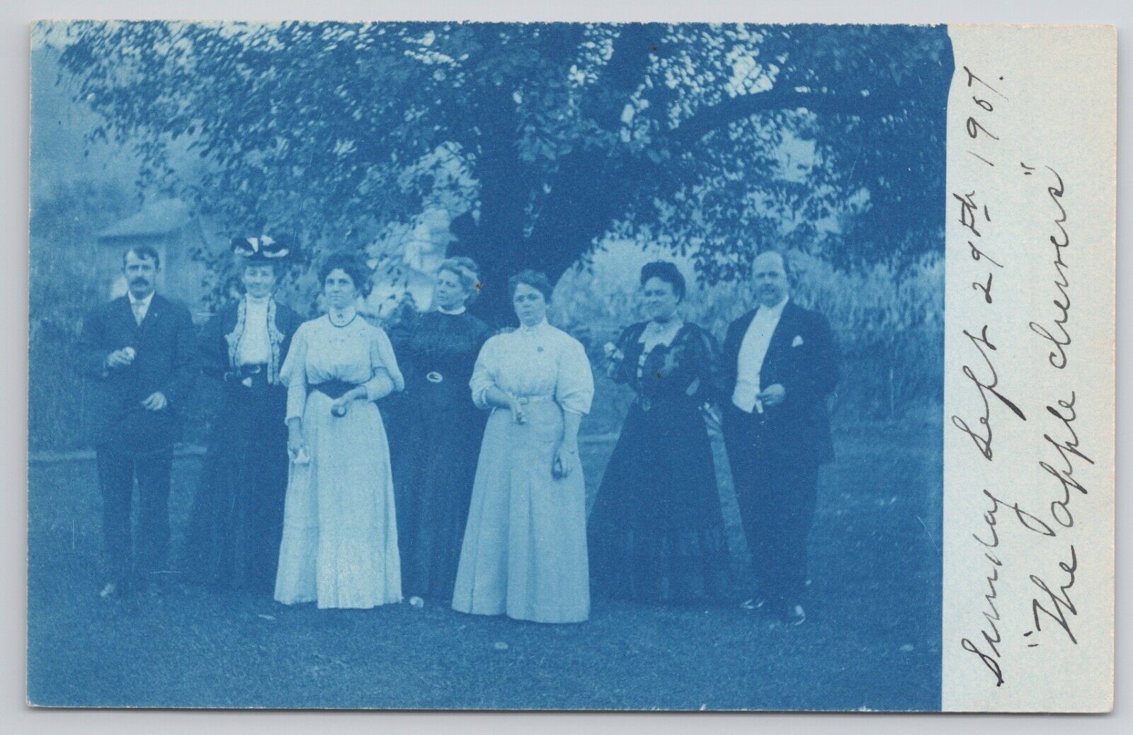 Postcard Cyanotype Group Standing Under a Apple Tree NH1