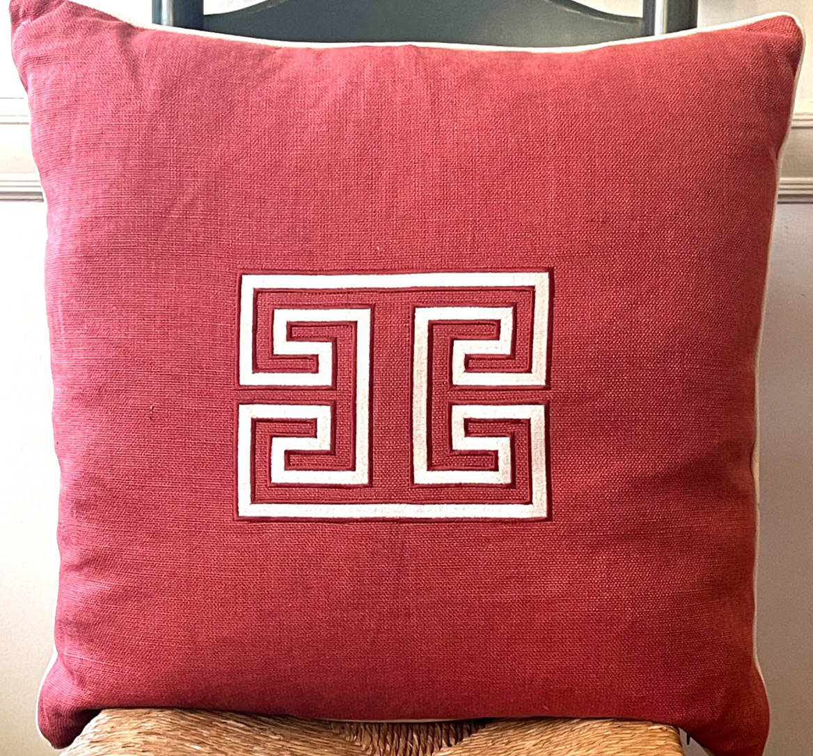 Linen Decorative Pillow in Brick Red w/ Appliqué by Ryan Studio 21