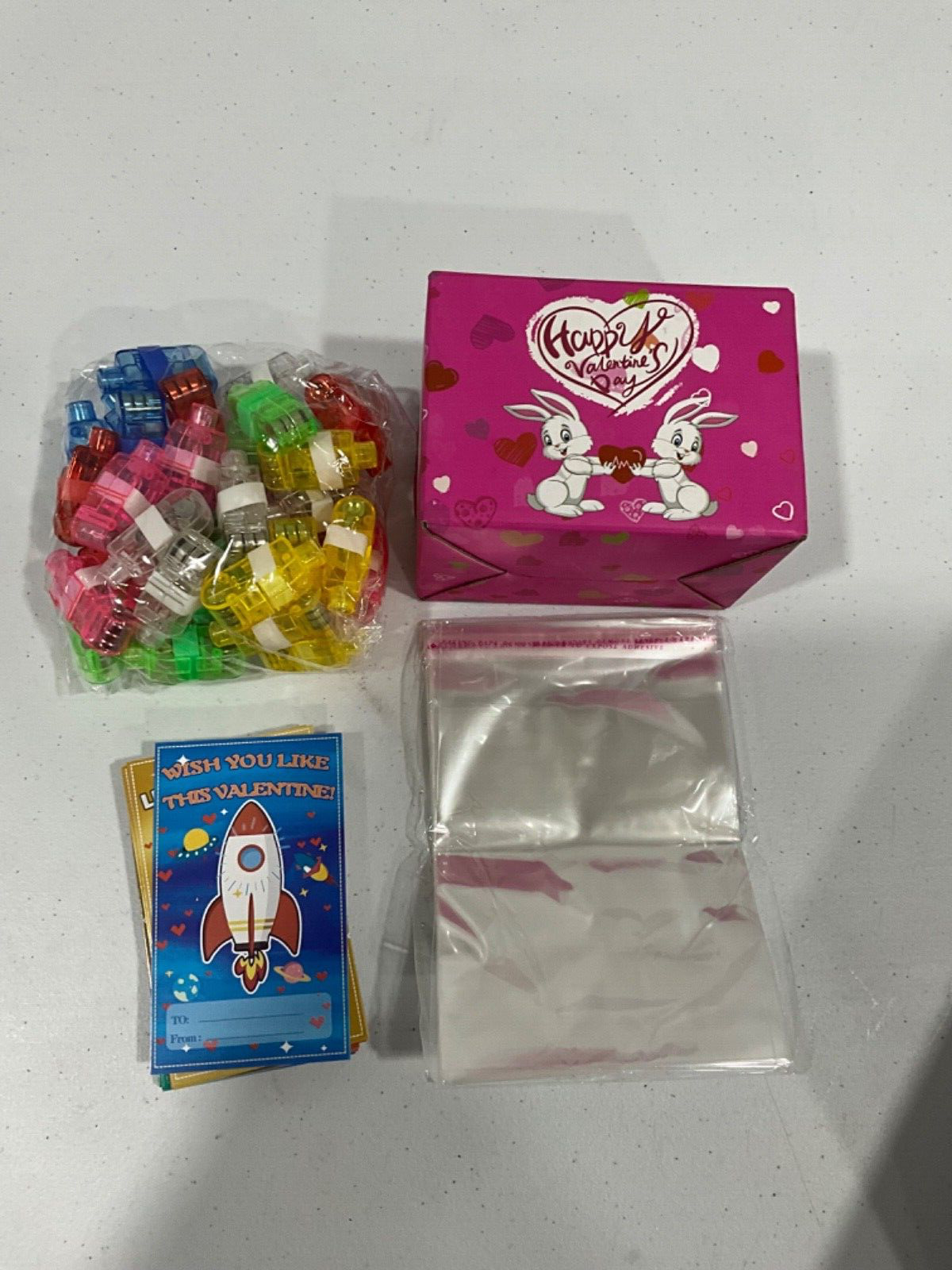 36 Packs Valentines Cards with LED Finger Lights, and Bags Open Box