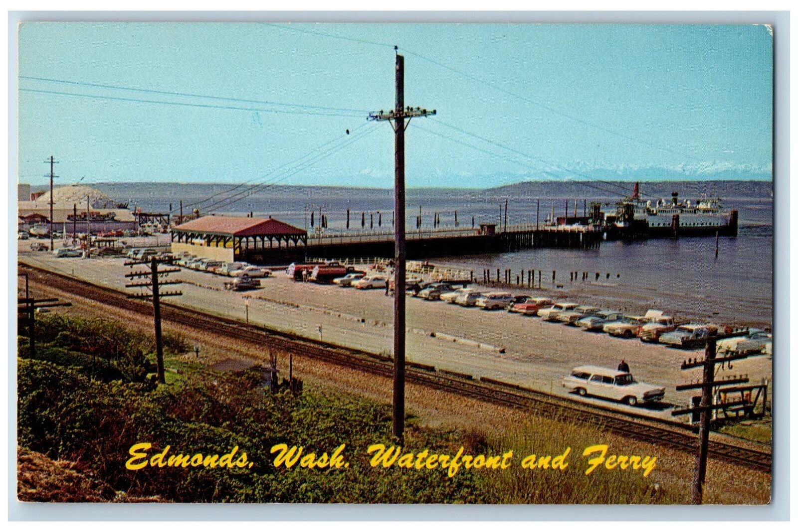 Edmonds Washington WA Postcard Edmonds Waterfront Harbor Scene c1960 Vintage Car