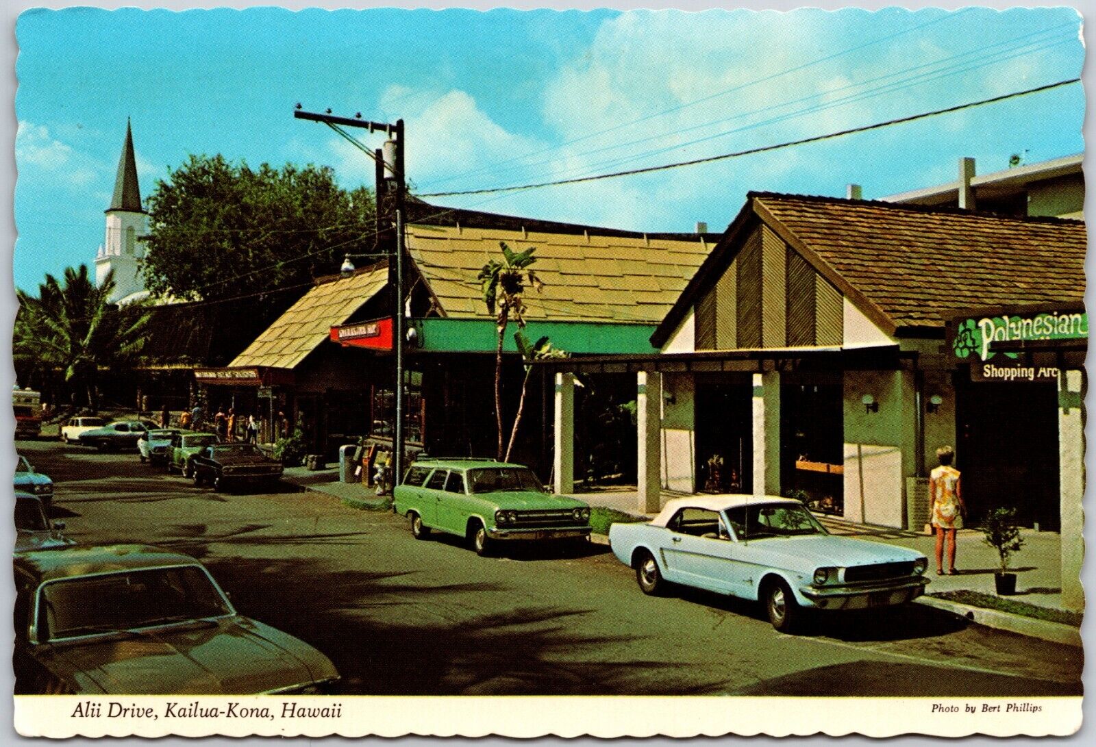 Kailua-Kona Hawaii Shopping Area Alii Drive Arcade Mokuaikaua Church Postcard