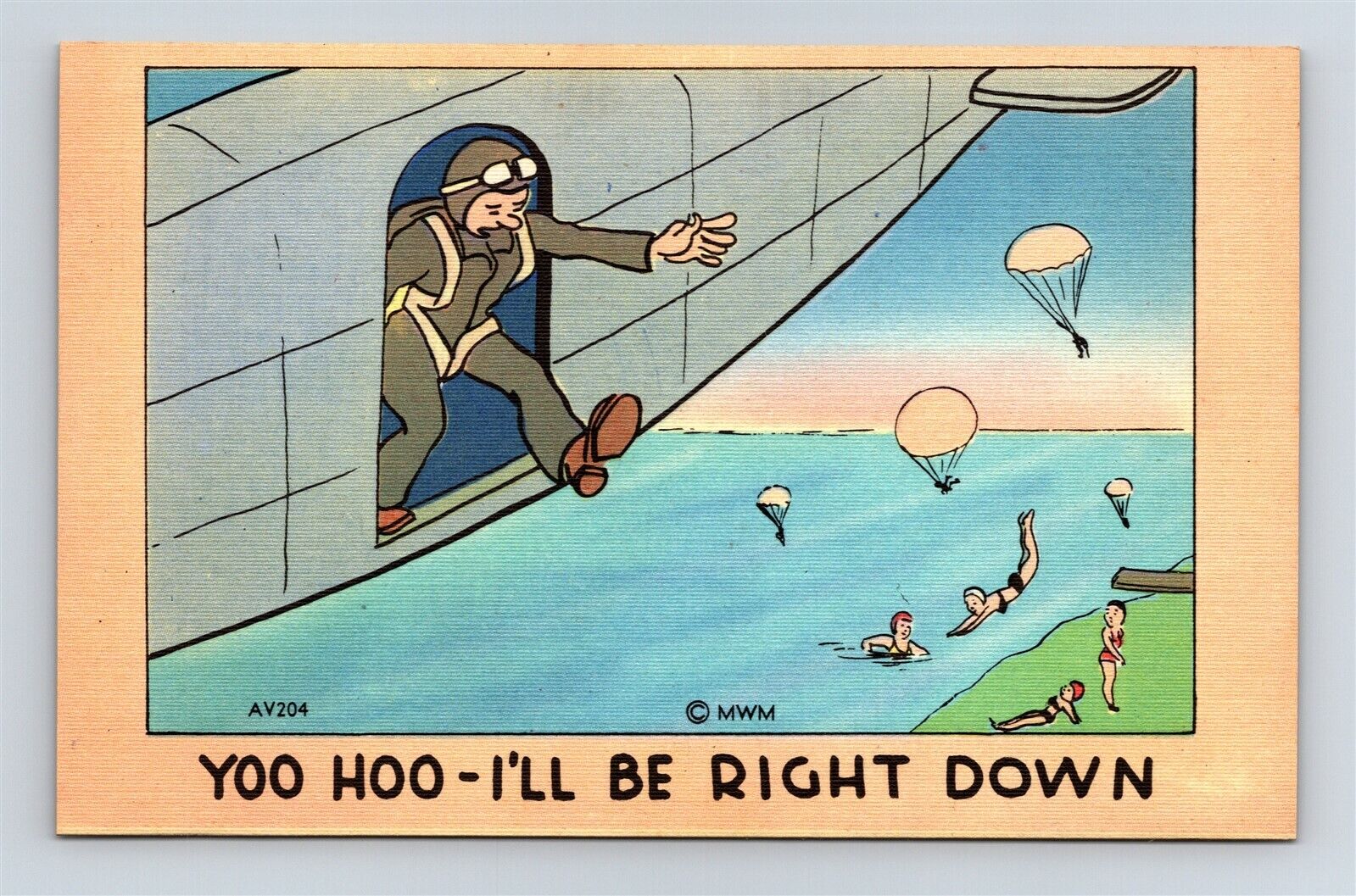 Postcard WW2 Era Military Humor Paratrooper Bikini Girls I'll Be Right Down AH1