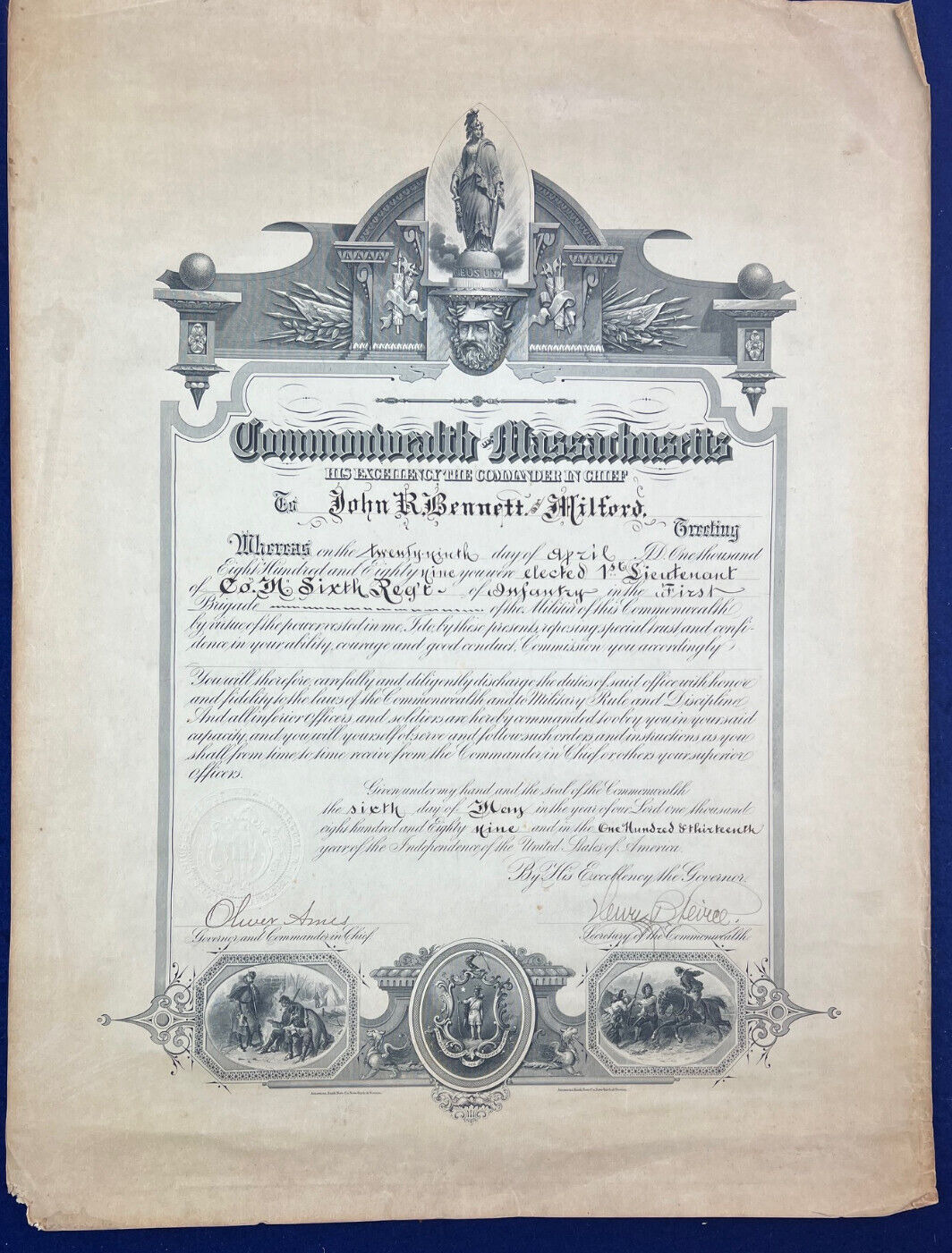Original 1899 Massachusetts Militia Officer Commission Oliver Ames Antique Print