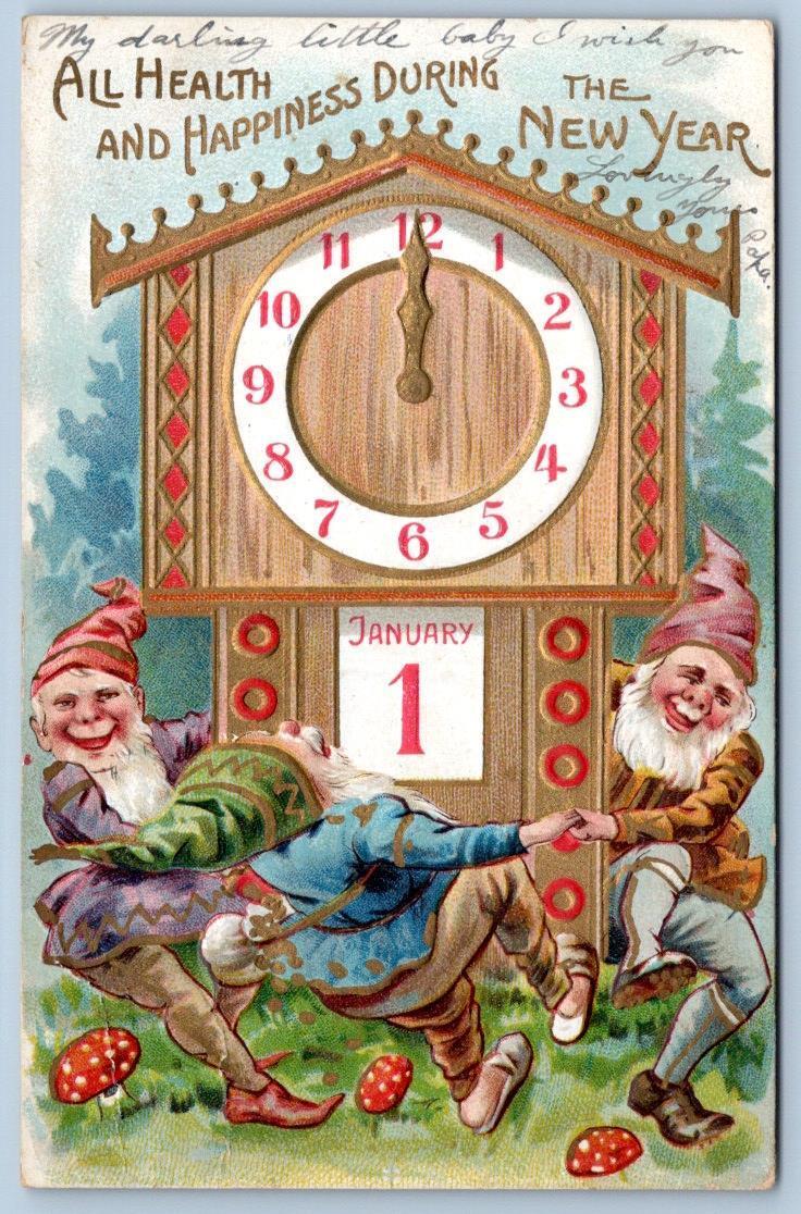 1908 NEW YEAR CLOCK FANTASY GNOMES ELVES DANCING MUSHROOMS EMBOSSED POSTCARD