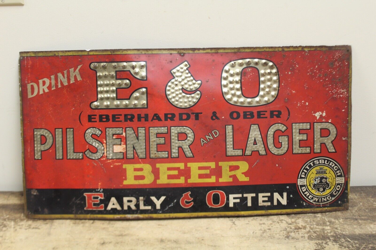 Vintage ORIGINAL E&O Eberhardt & Ober BEER BAR TIN SIGN- Pittsburgh, PA