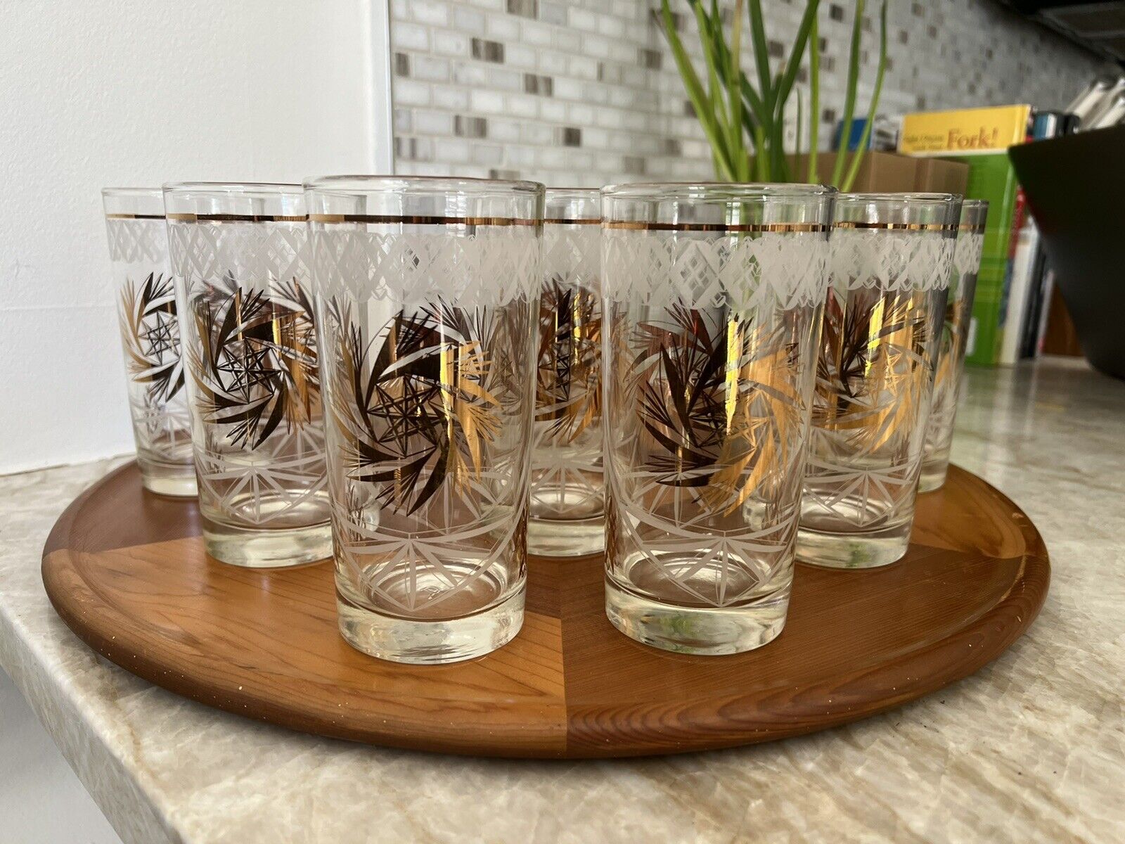 Atomic Gold Frosted Pinwheel High Ball Cocktail Glass - MCM Vintage set of 8
