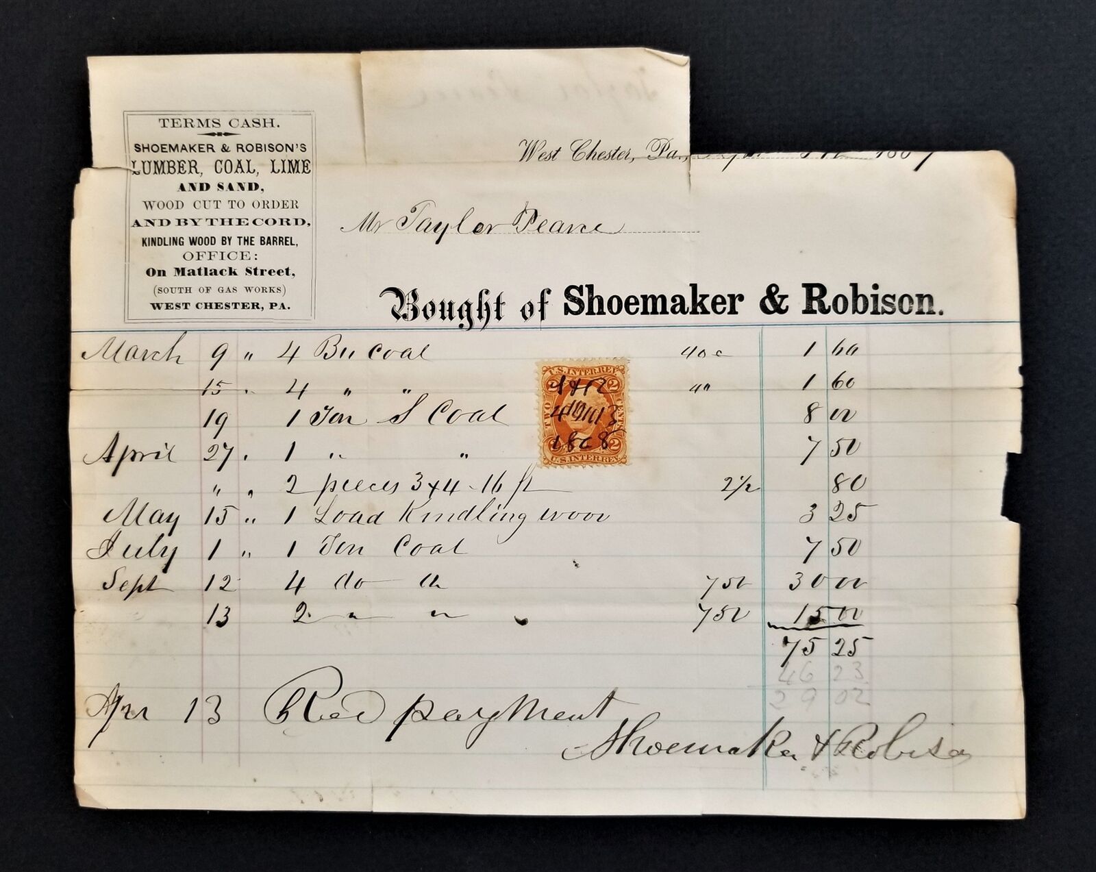 1868 antique SHOEMAKER ROBISON coal receipt PIERCE west chester pa REV STAMP