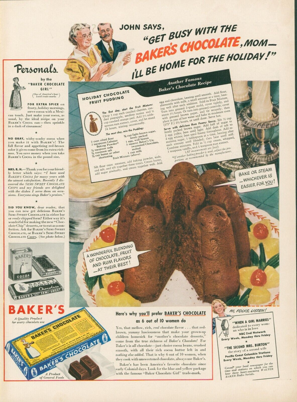 1941 Baker\'s Chocolate Recipe Holiday Chocolate Fruit Pudding Famous Print Ad L5