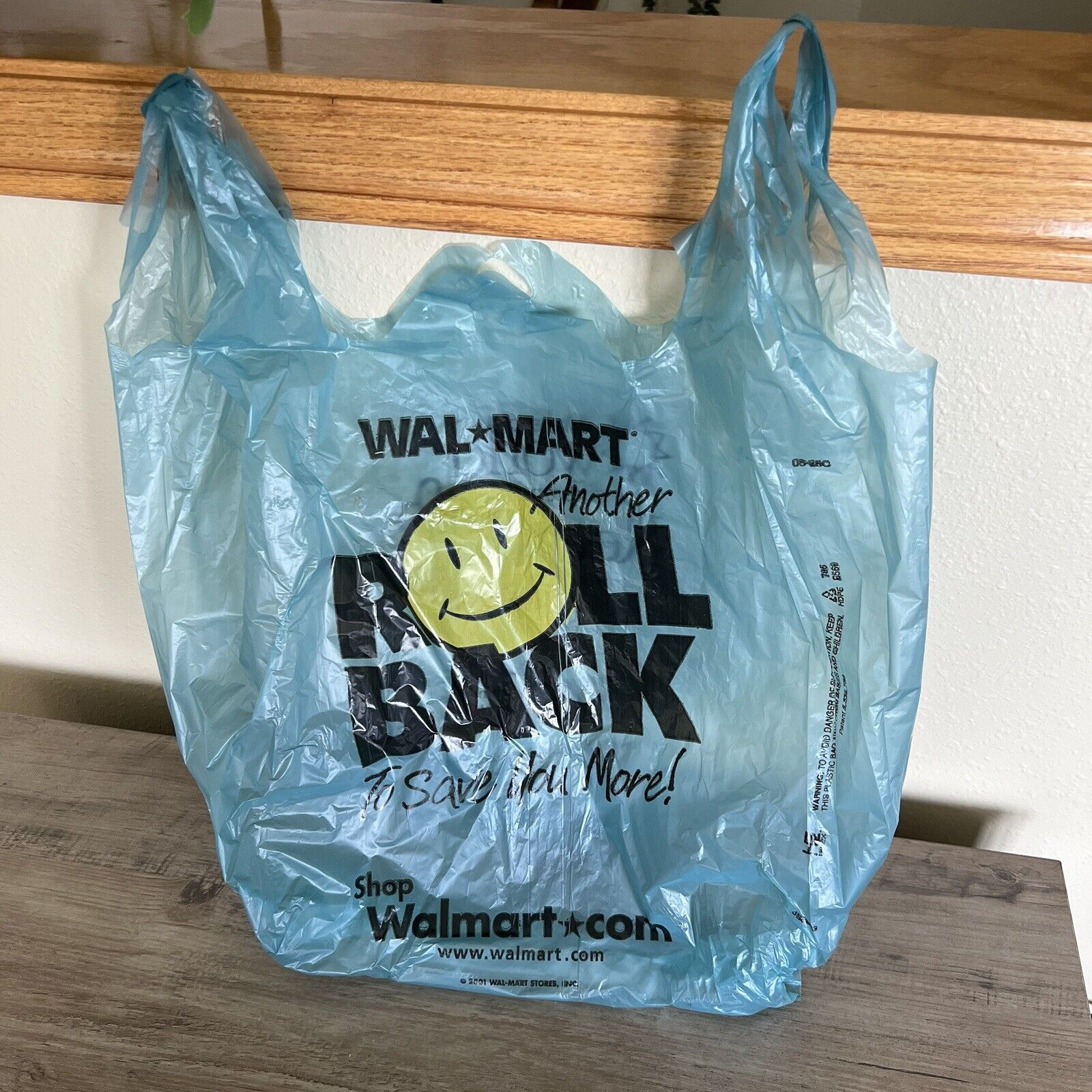 VTG Walmart Plastic Bag Blue Roll Back Smiley Face 2001 RARE Movie Prop