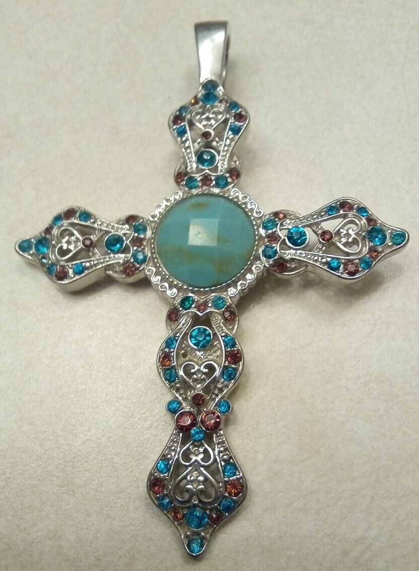 HUGE Vintage New religious Christian Bejeweled Cross Necklace Pendant Enhancer