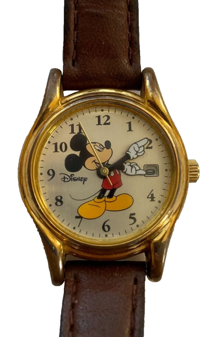Disney Seiko Mickey Mouse Watch Vintage Gold Tone MC0076 Date Leather Band