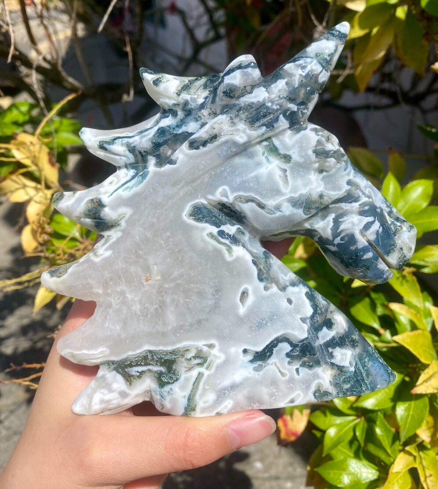 Large Moss Agate Unicorn Crystal Carving Excelent condition Great on both sides