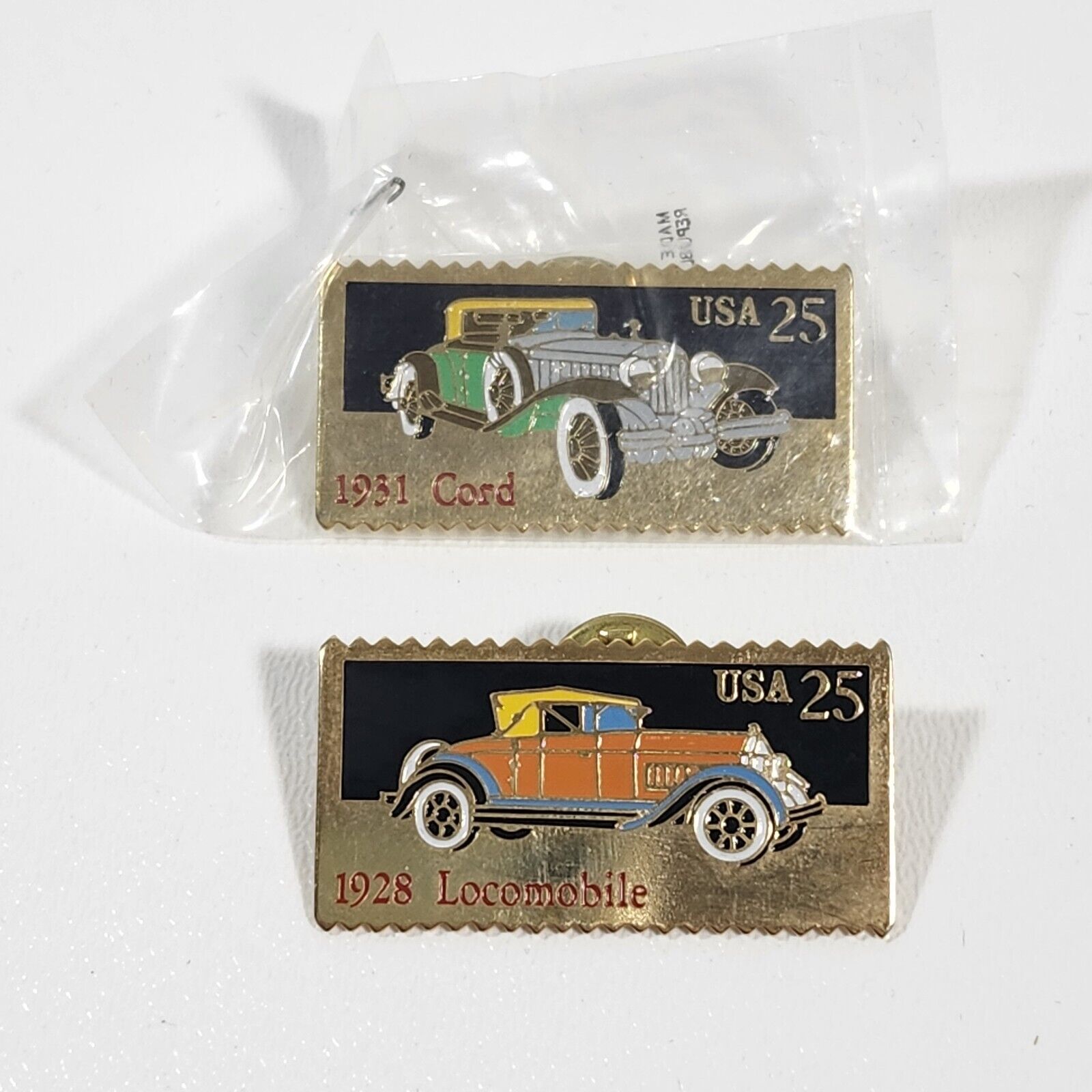 Two Antique Automobile Postage Stamp Lapel Pins USPS 1932 Cord 1928 Locomobile