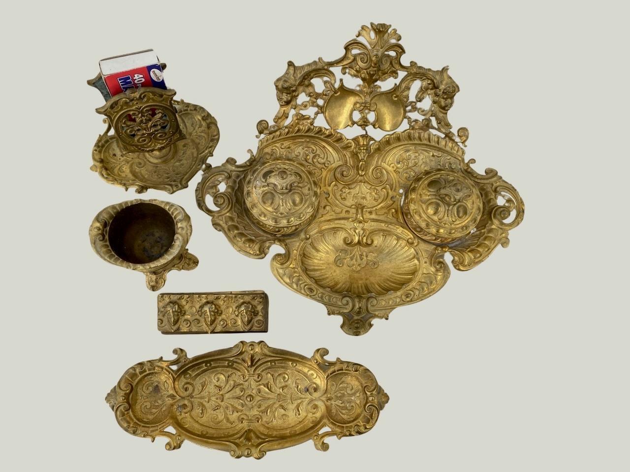 1800's Putti Rococo Heavy Gold Brass Louis XV Style Double Inkwell Desk Set of 7