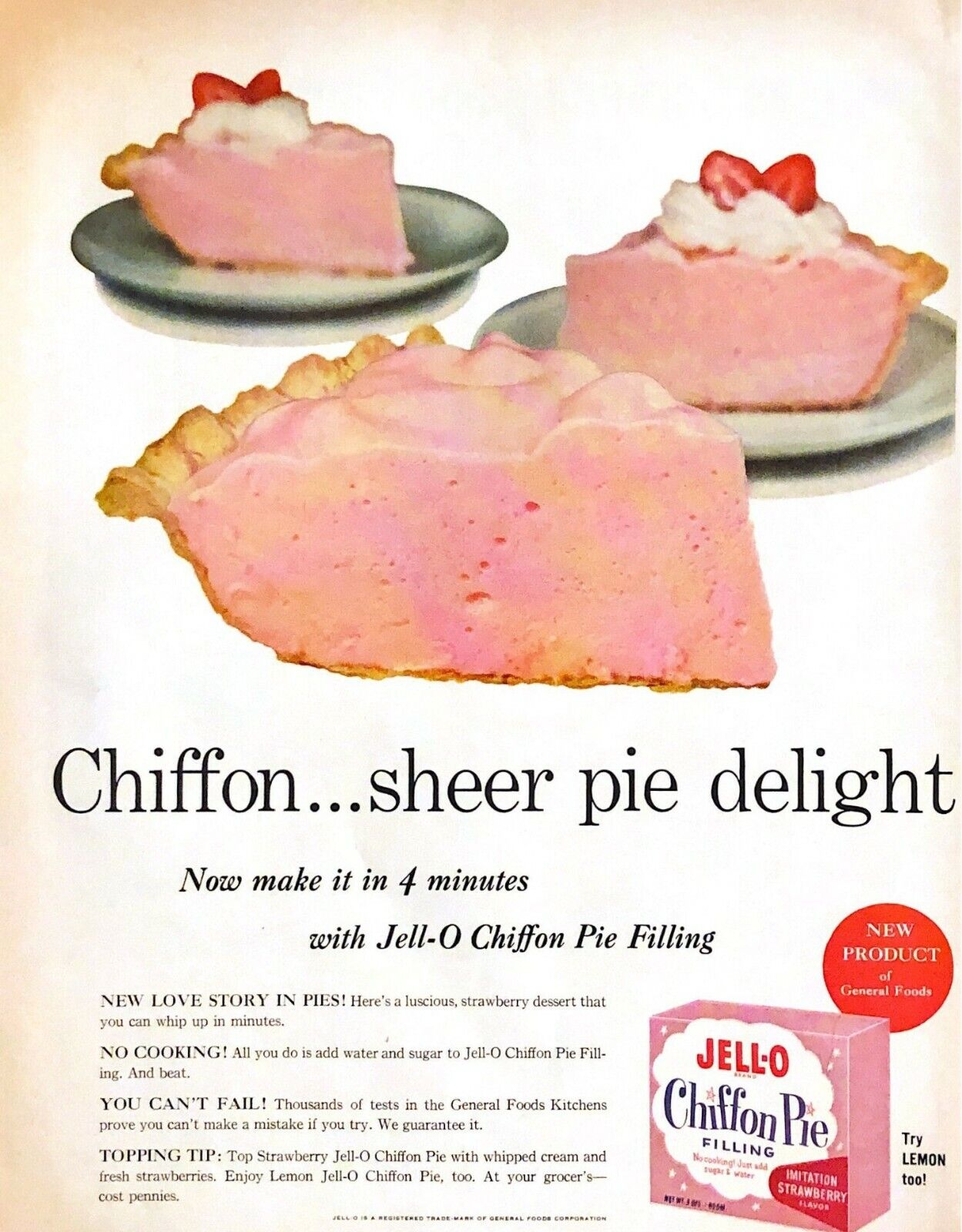 1958 Jell-O Chiffon Pie Vintage Print Ad New Product Of General Foods 